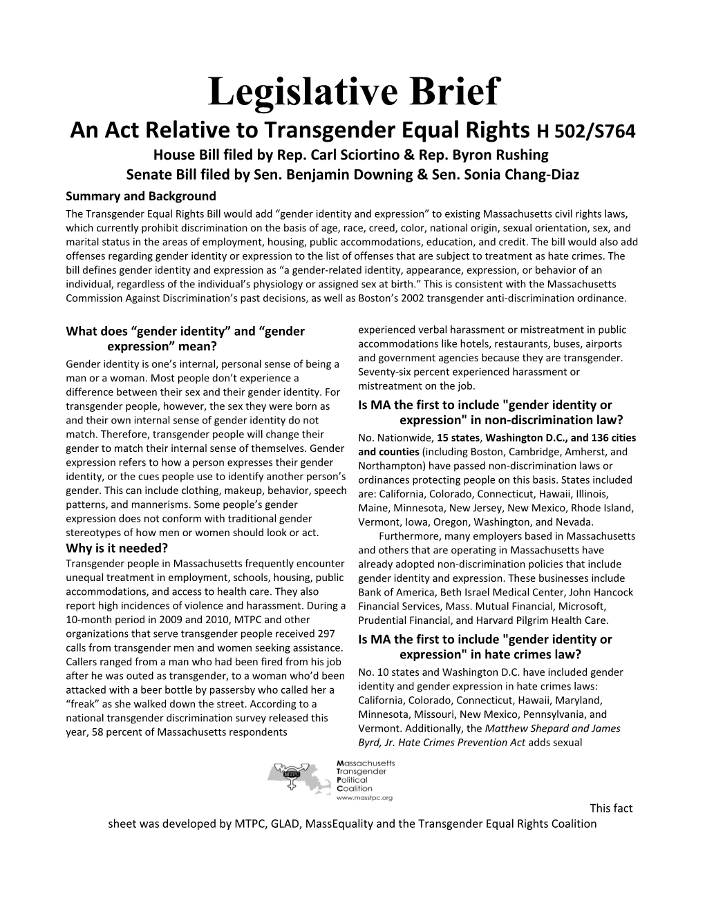 An Act Relative to Transgender Equal Rightsh 502/S764