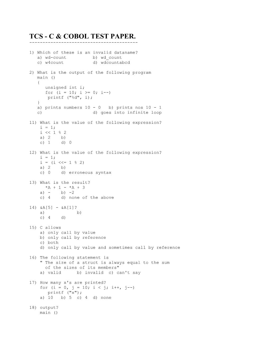 Tcs - C & Cobol Test Paper