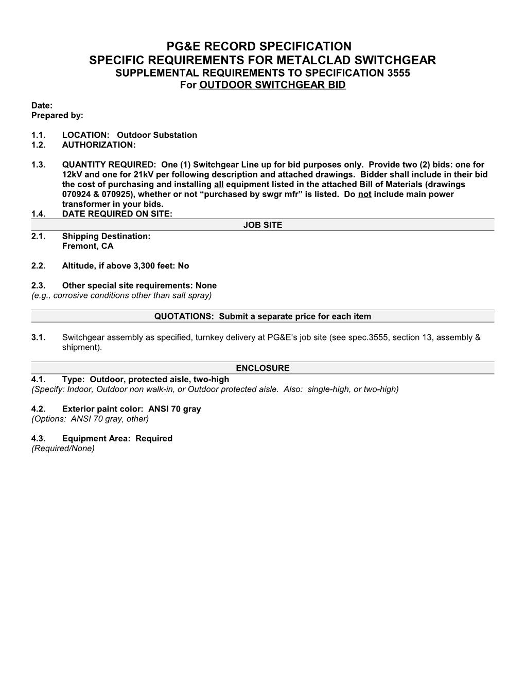 PG&E Record Specification