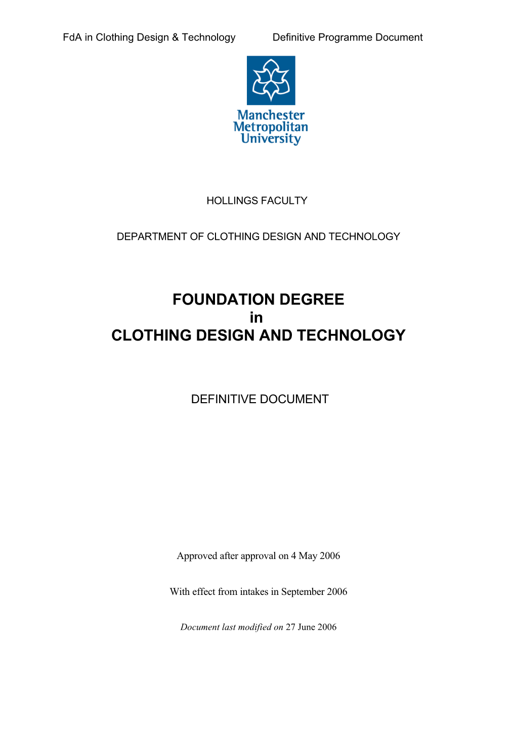 Fda in Clothing Design & Technologydefinitive Programme Document