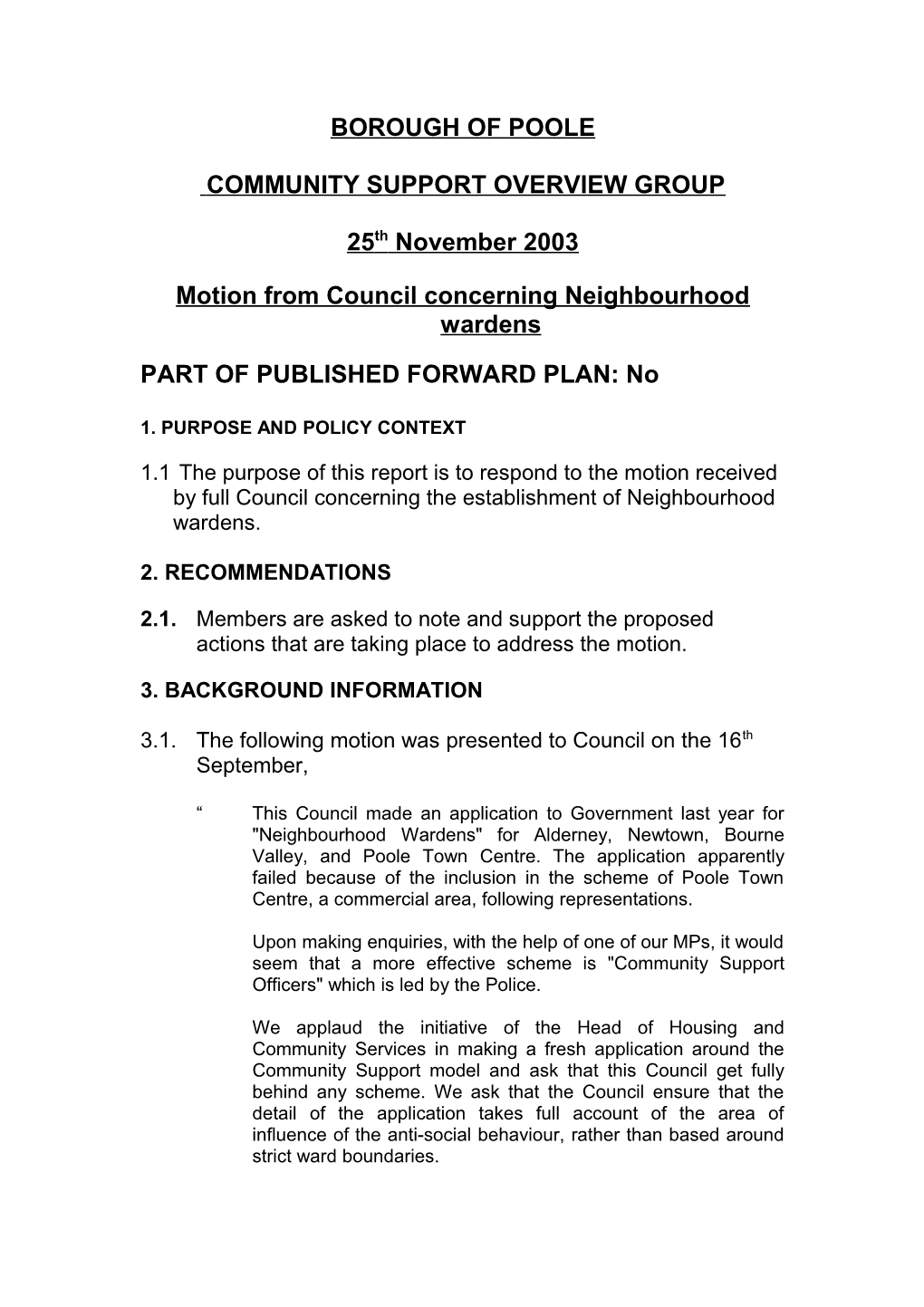 Motion from Council Concerning Neighbourhood Wardens