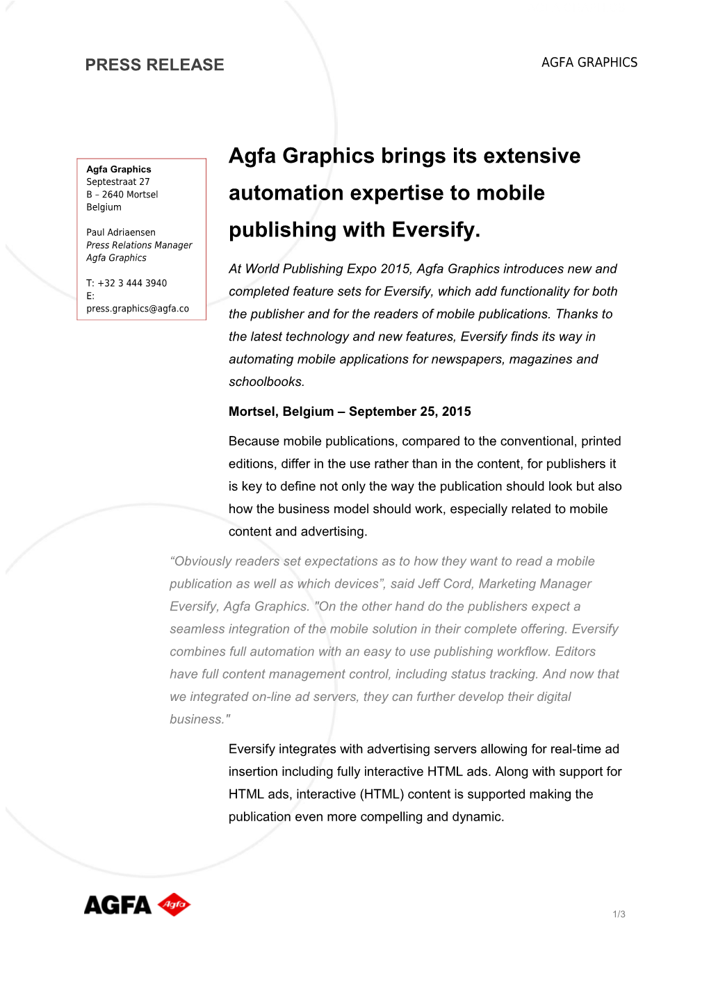 Agfa Graphics Brings Its Extensive Automation Expertise to Mobile Publishing with Eversify
