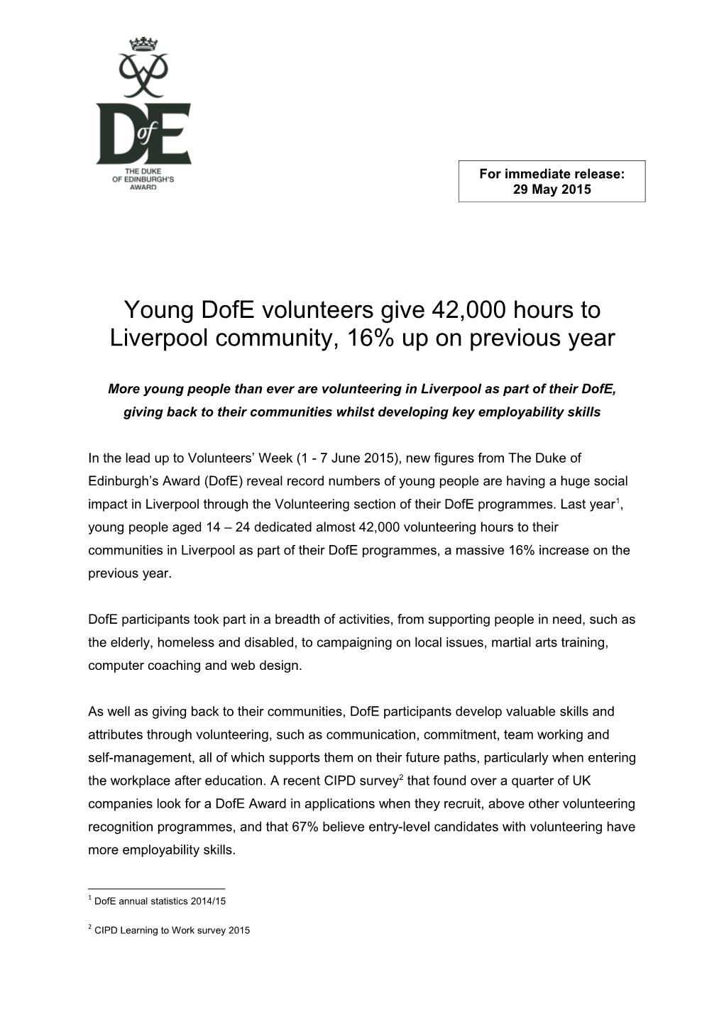 Young Dofe Volunteers Give 42,000 Hours to Liverpool Community,16% Upon Previous Year