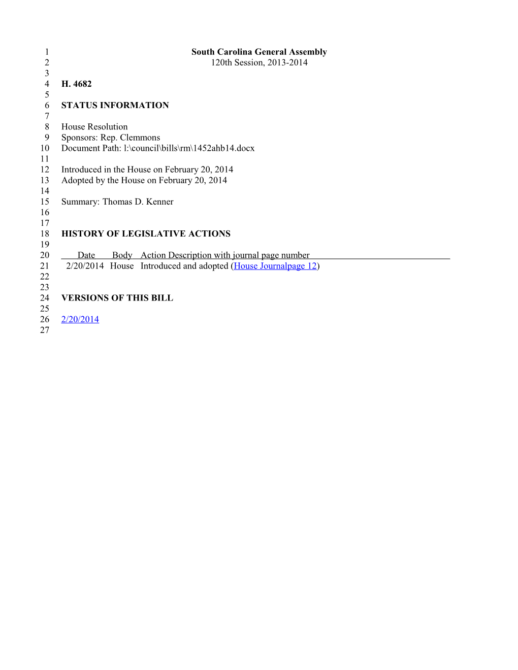 2013-2014 Bill 4682: Thomas D. Kenner - South Carolina Legislature Online