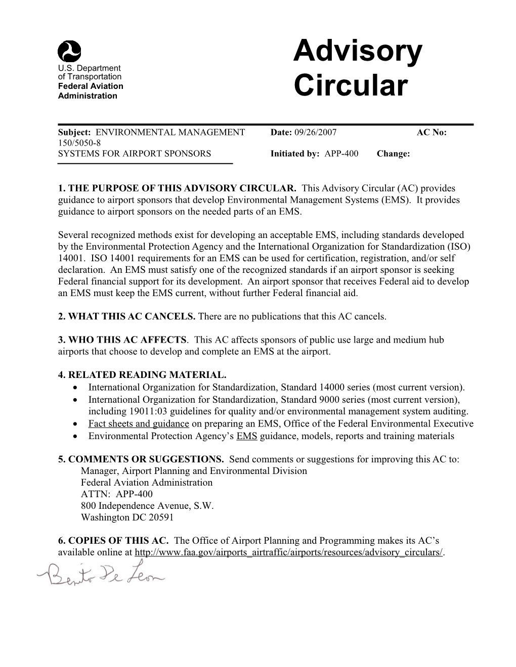 Ac 150/5050-8, Environmental Management System