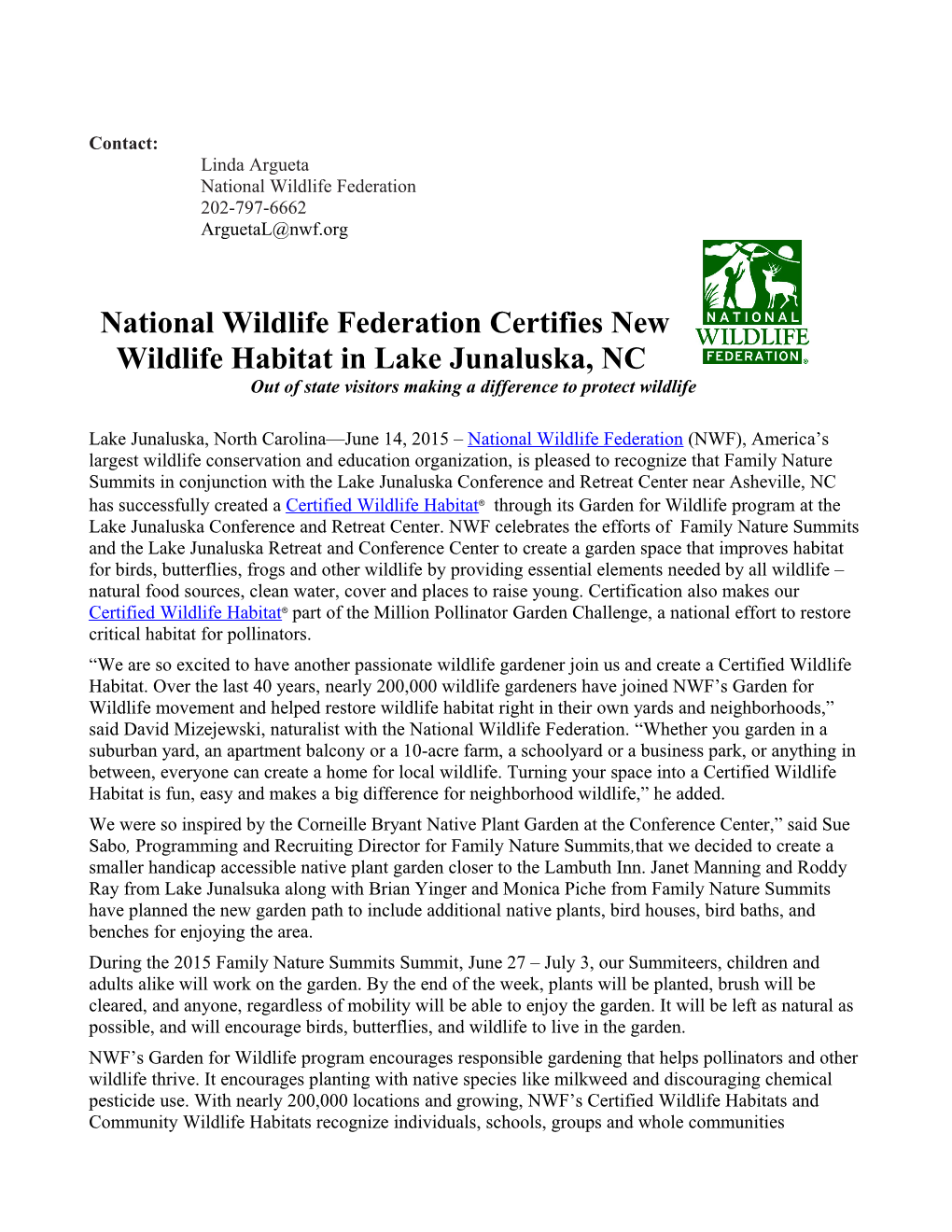 National Wildlife Federation Certifies New Wildlife Habitat in Lake Junaluska, NC