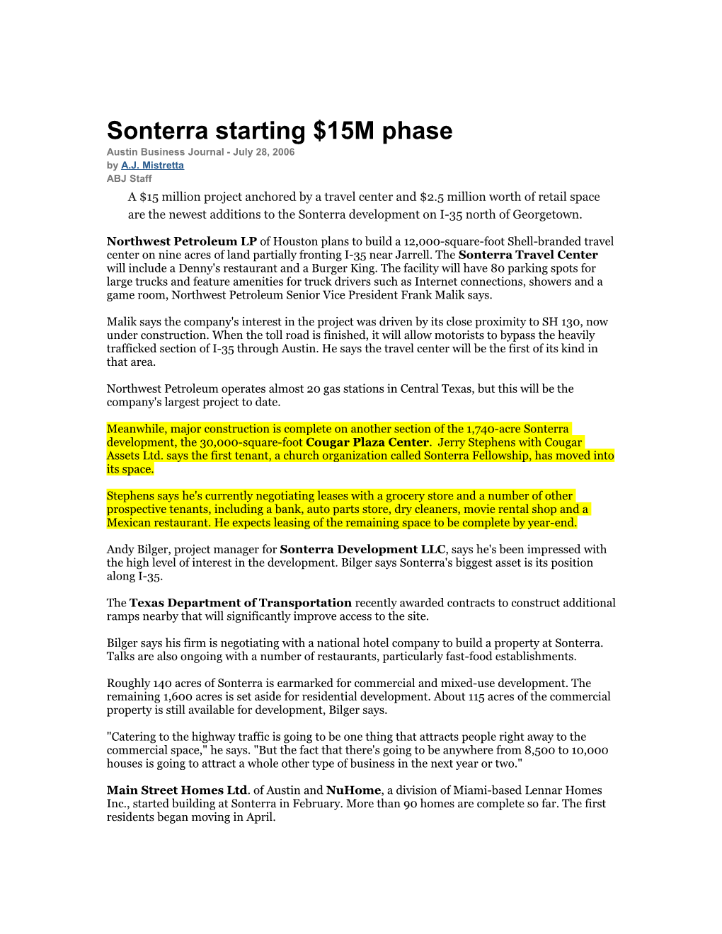 Sonterra Starting $15M Phase