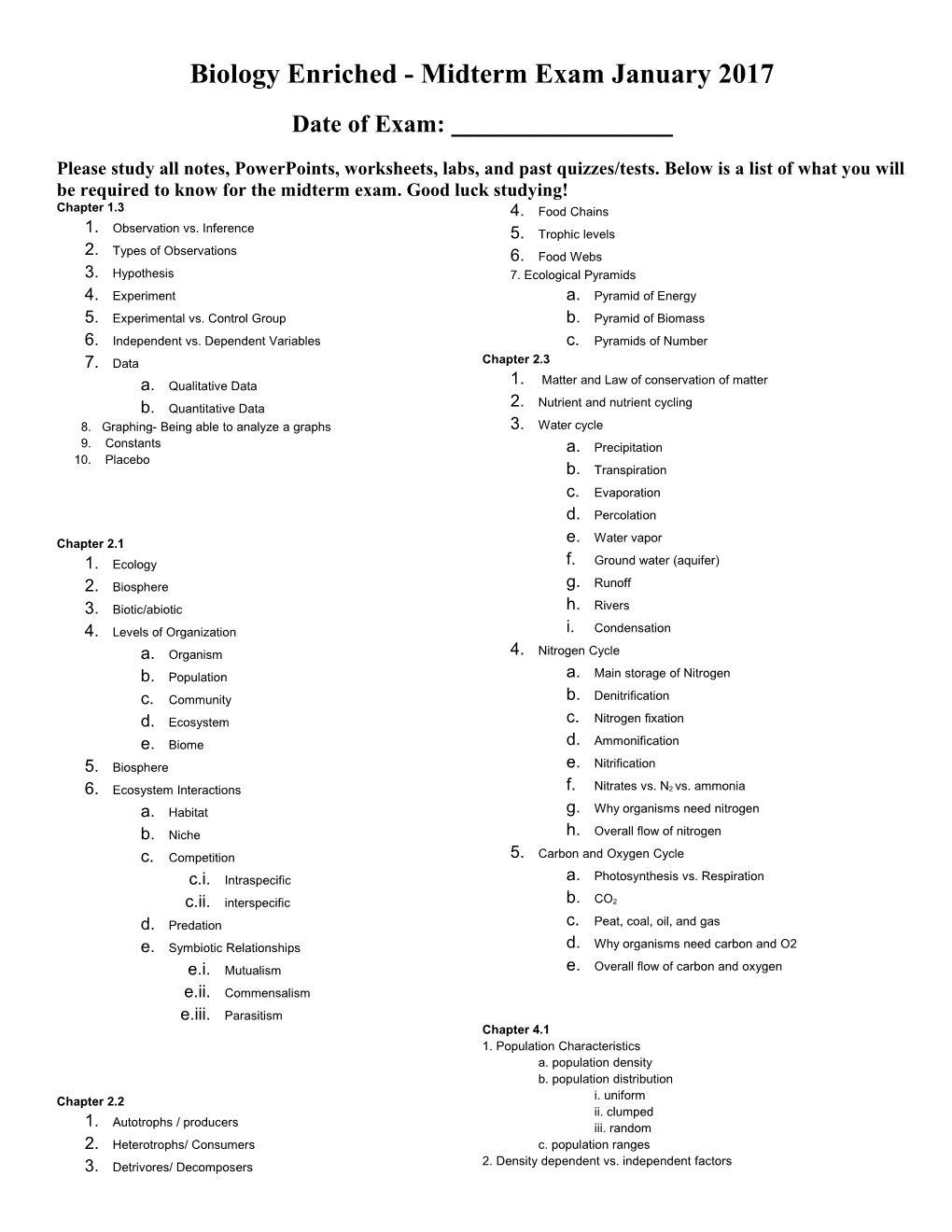 Biology Enriched - Midterm Exam January 2017