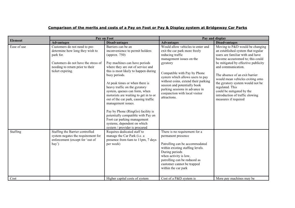 Comparison of the Merits and Costs of a Pay on Foot Or Pay & Display System at Bridgeway