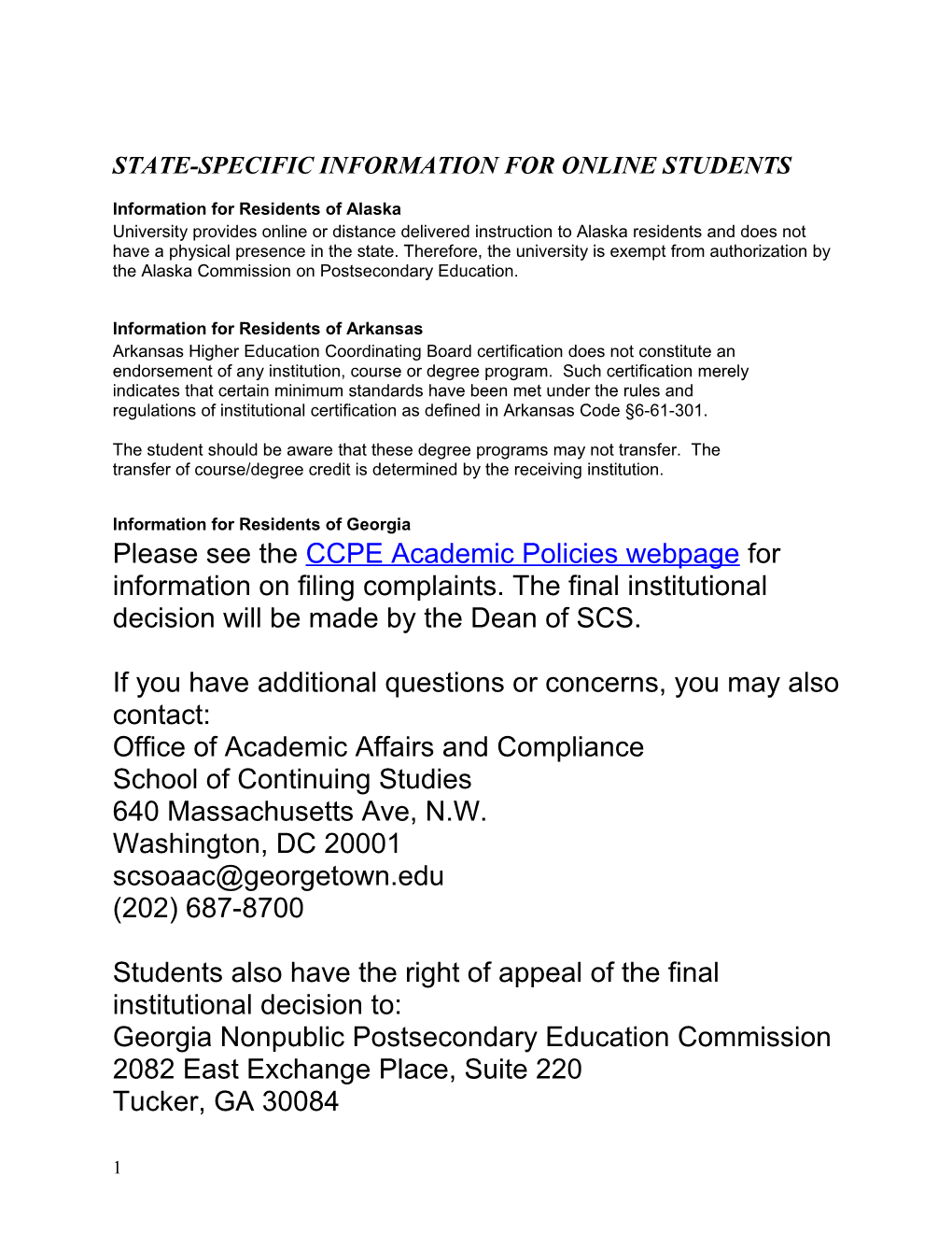 State-Specific Information for Online Students