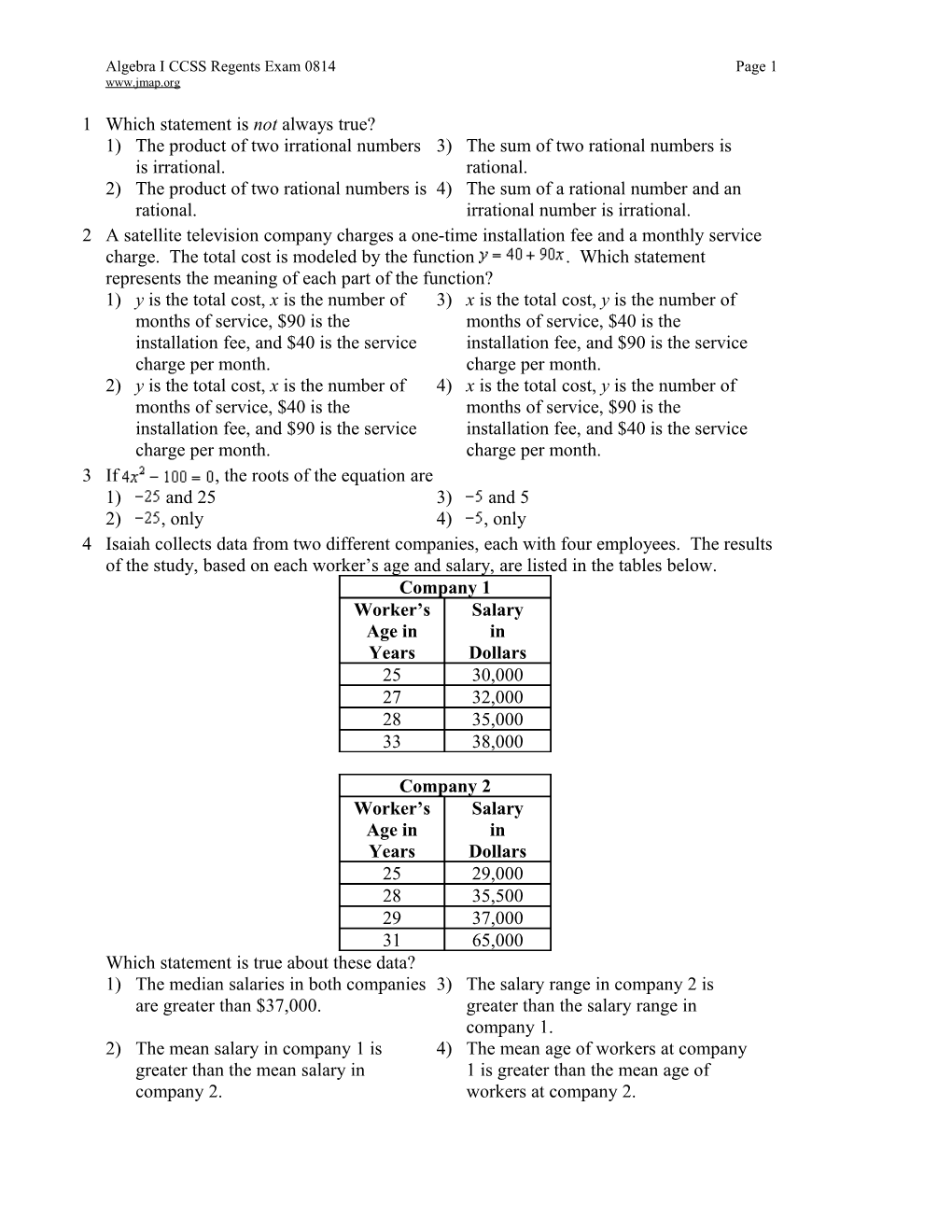 Algebra ICCSS Regents Exam 0814Page 1