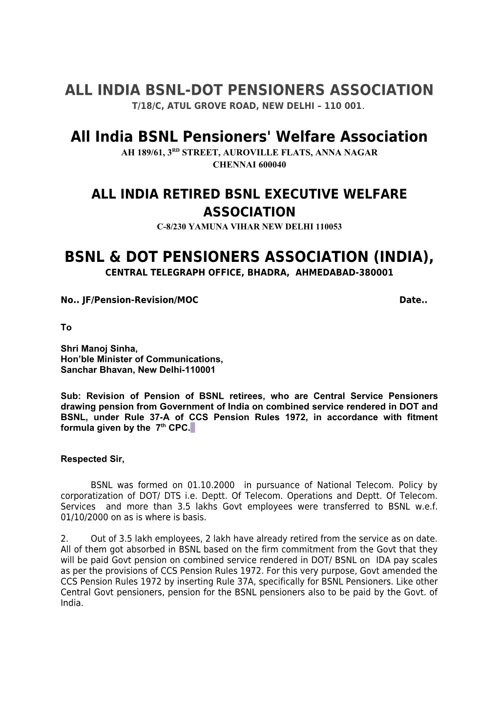 All India Bsnl-Dot Pensioners Association T/18/C, Atul Grove Road, New Delhi 110 001