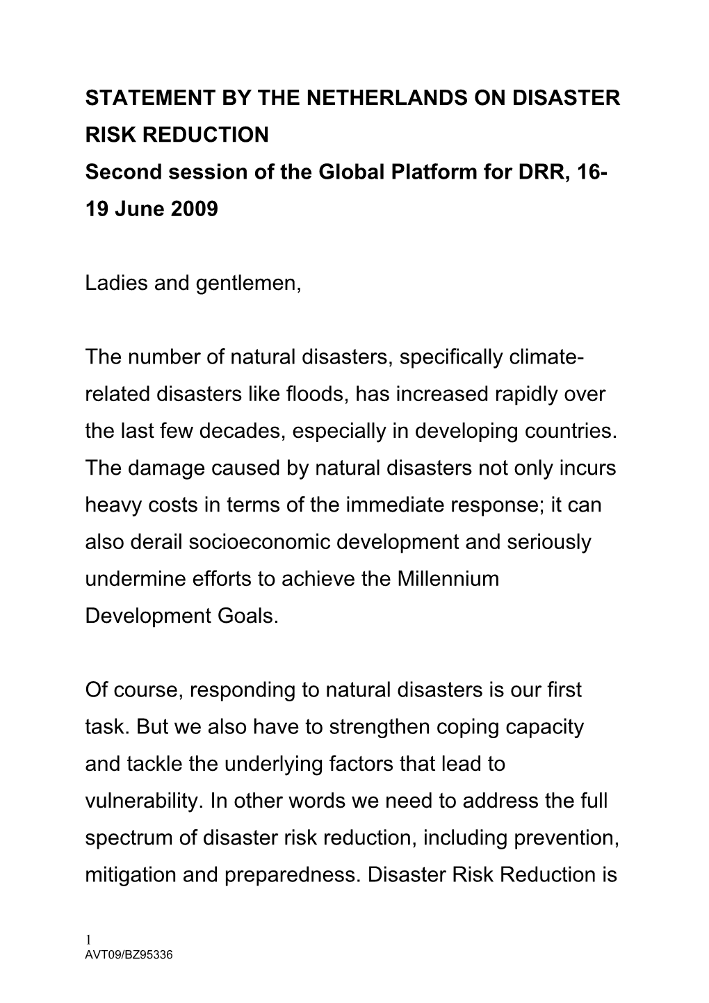 Statement by the Netherlands on Disaster Risk Reduction