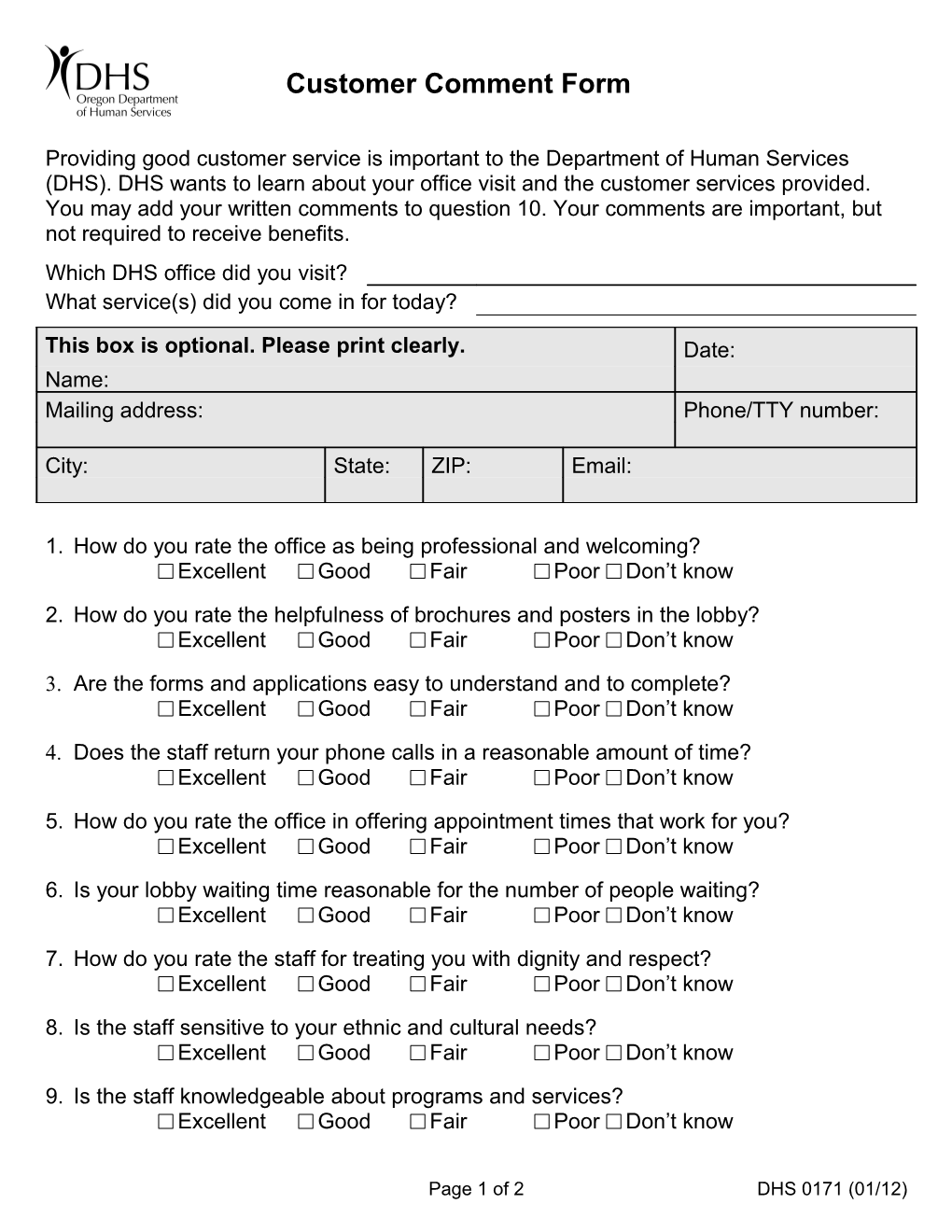 Customer Comment Form