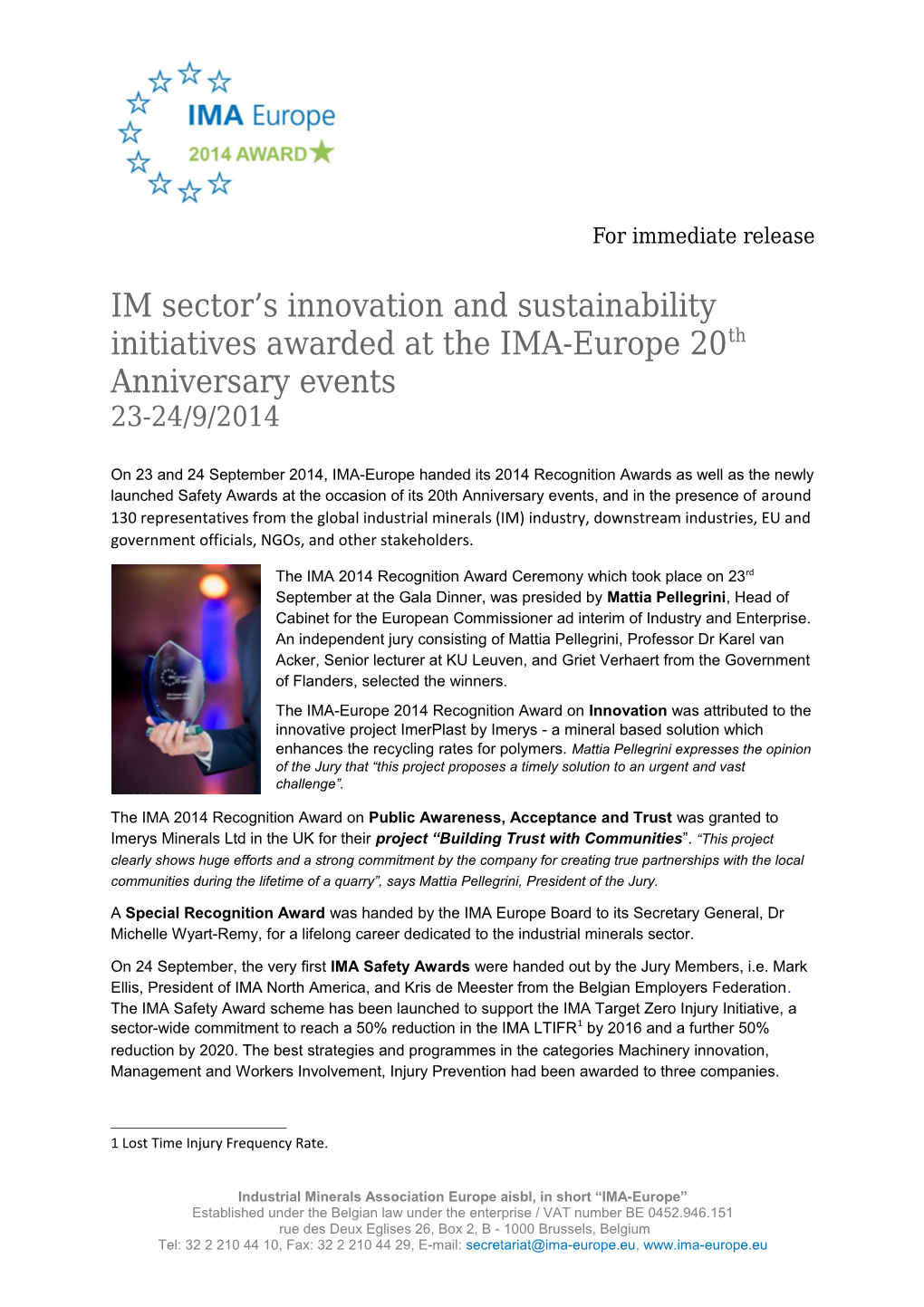 IM Sector Sinnovation and Sustainability Initiatives Awarded at the IMA-Europe 20Th Anniversary