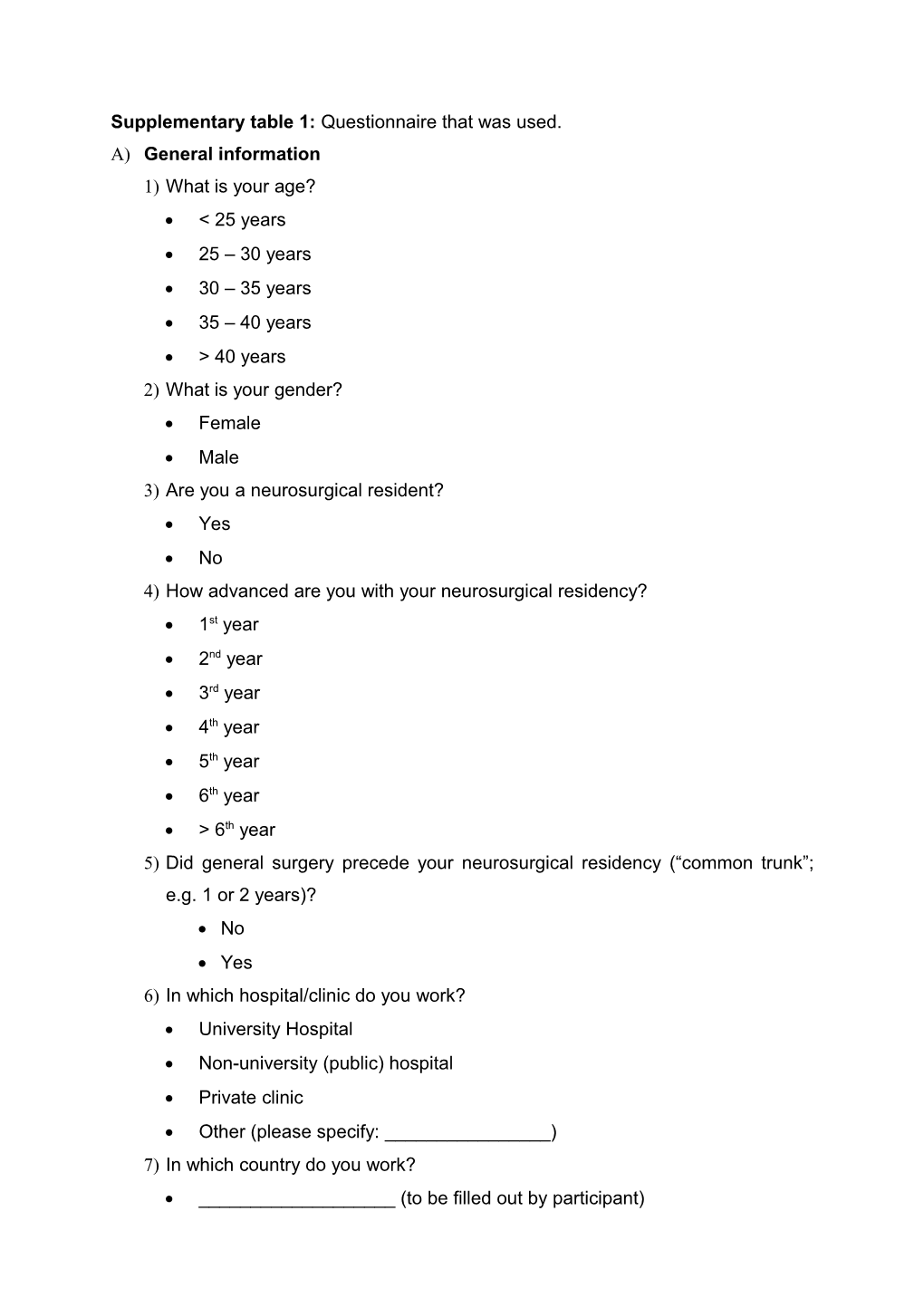 Supplementary Table 1: Questionnaire That Was Used