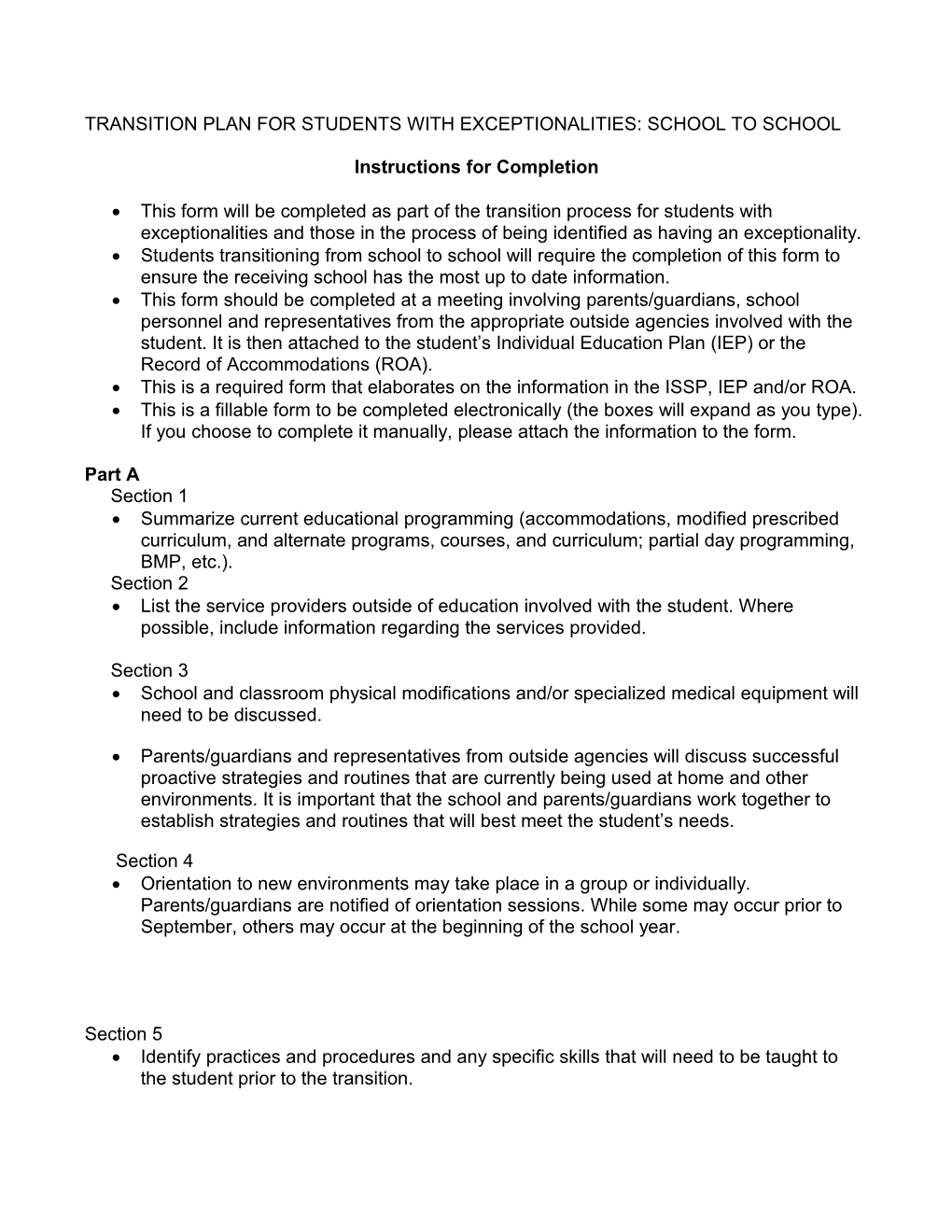 Transition Plan for STUDENTS with EXCEPTIONALITIES: School to School