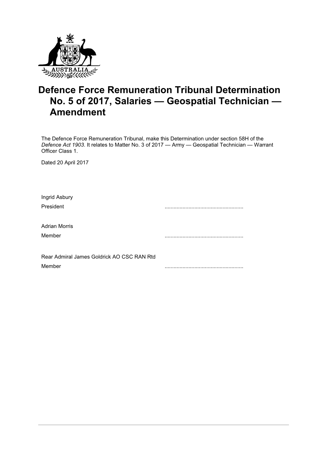 Defence Force Remuneration Tribunal Determination No. 5 of 2017, Salaries Geospatial Technician