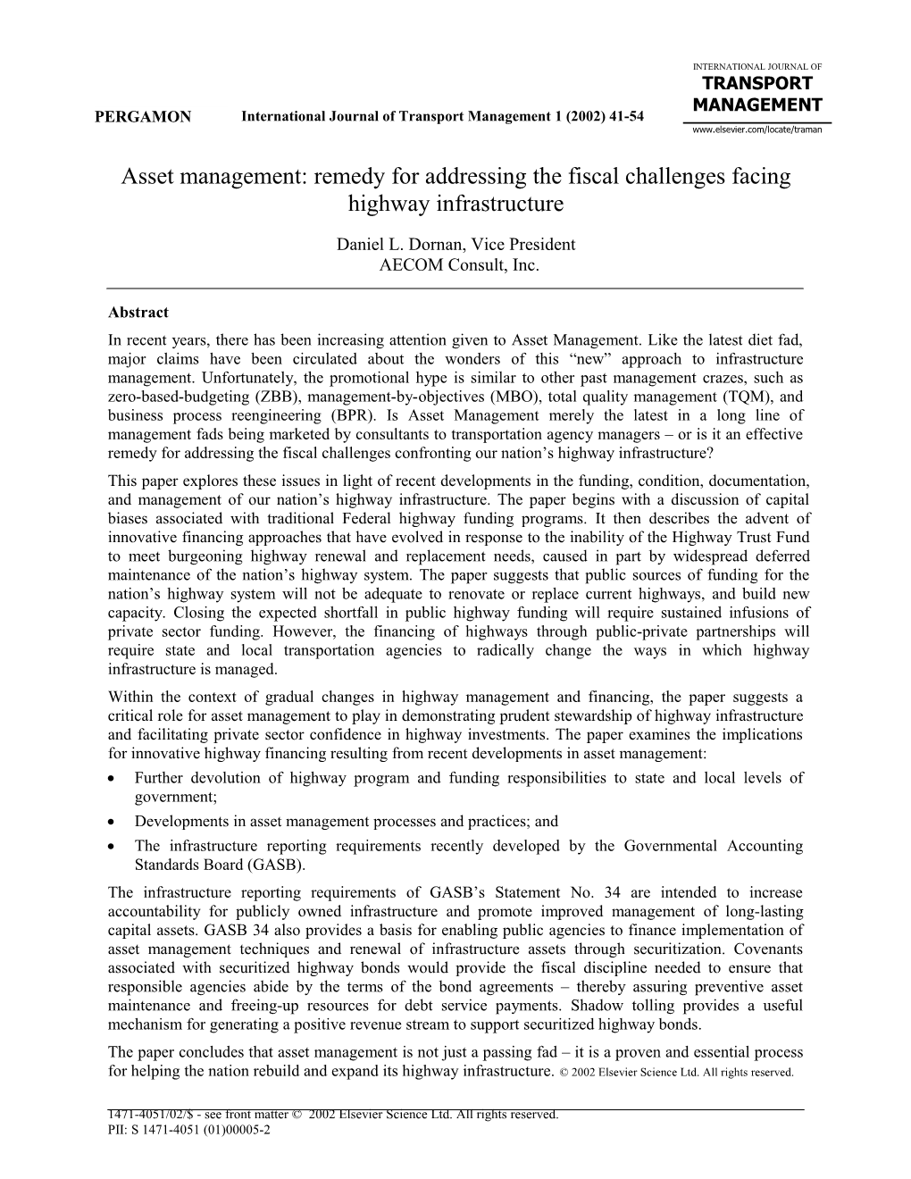 Asset Management: Remedy for Addressing the Fiscal Challenges Facing Highway Infrastructure