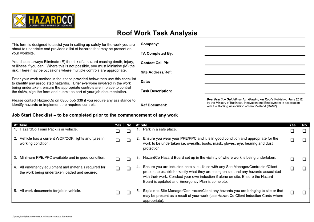Roof Work Task Analysis