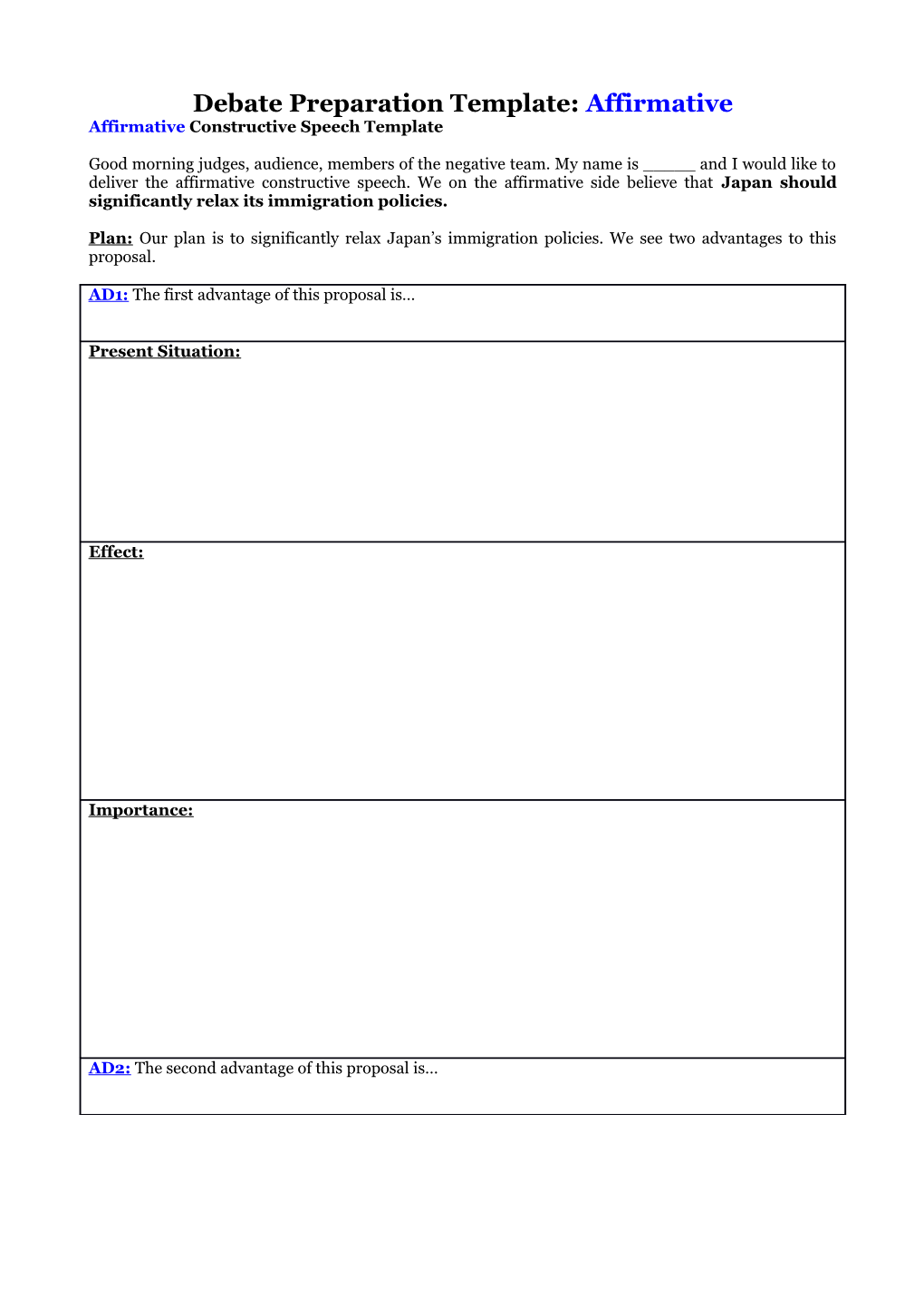 Debate Preparation Template: Affirmative