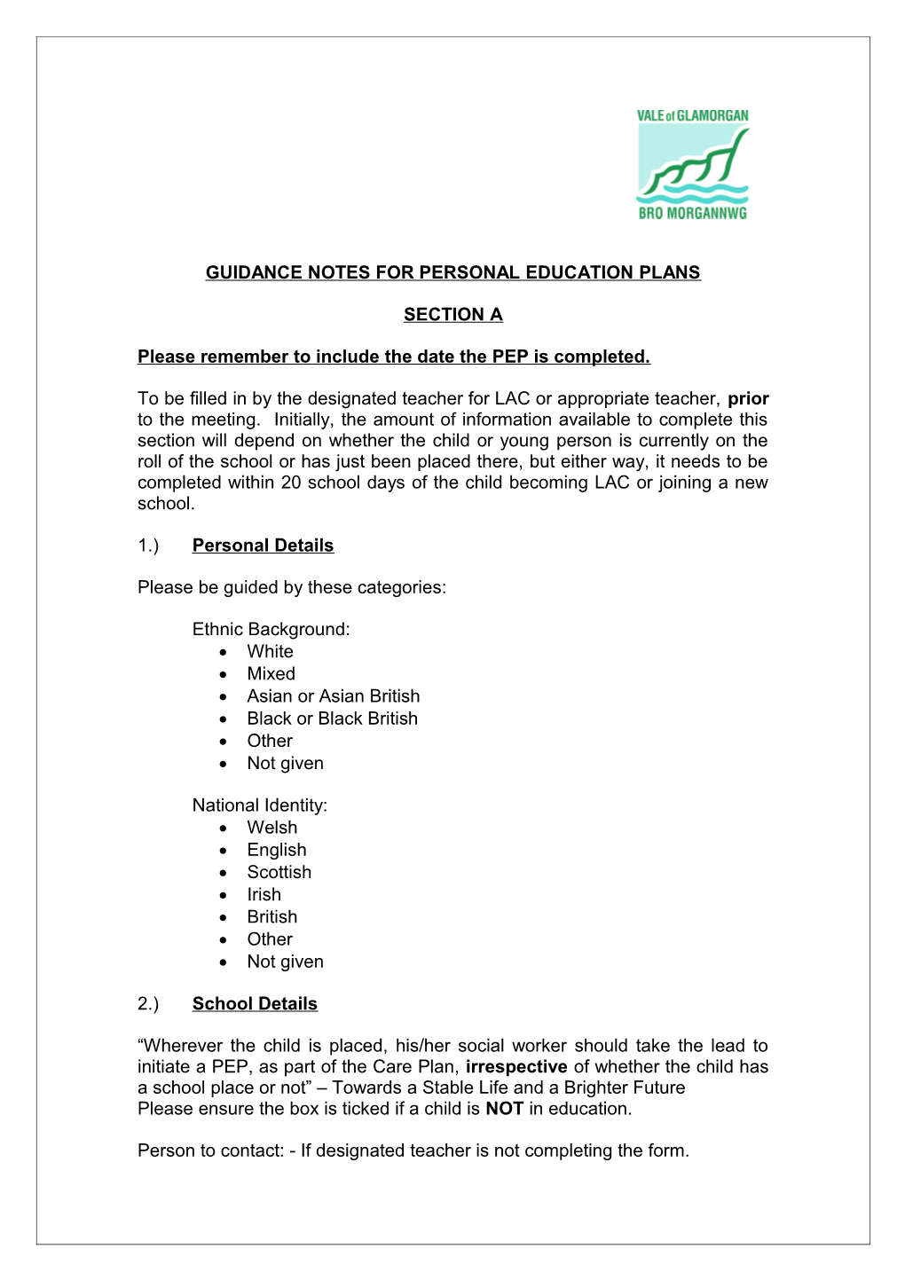 Guidance Notes for Personal Education Plans 2009