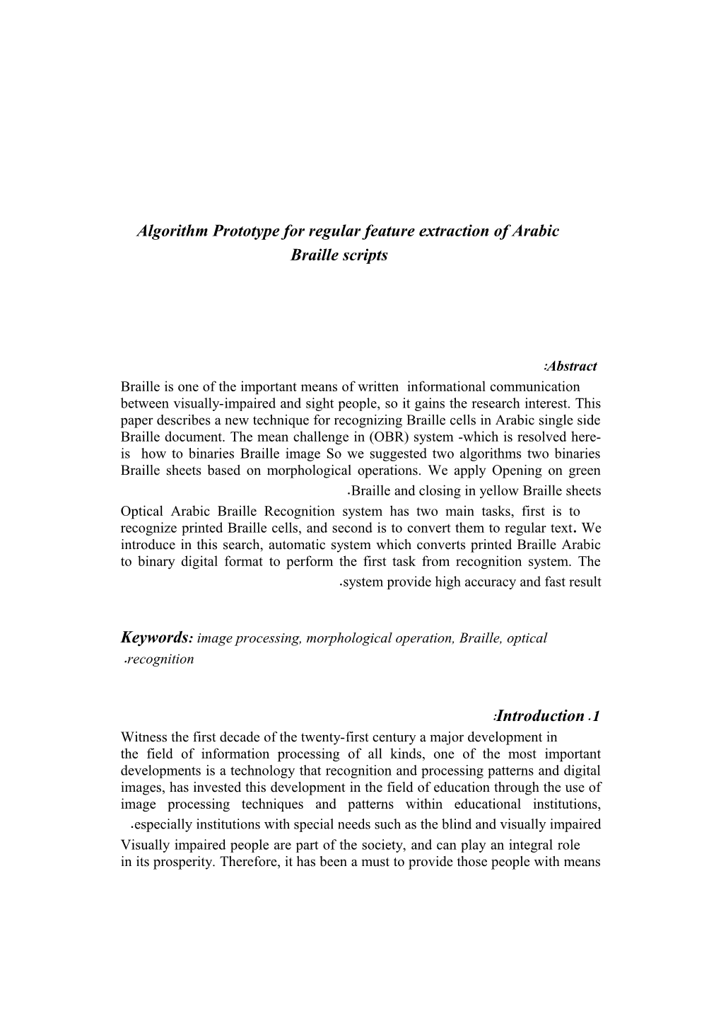 Algorithm Prototype for Regular Feature Extraction of Arabicbraillescripts