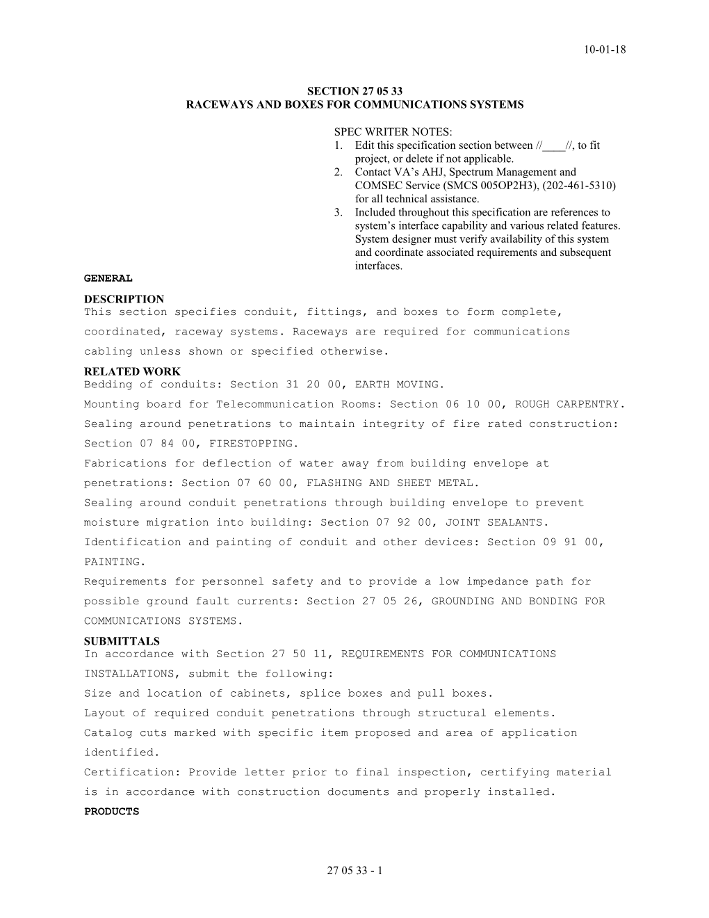 Section 27 05 33, Raceways and Boxes for Communications Systems