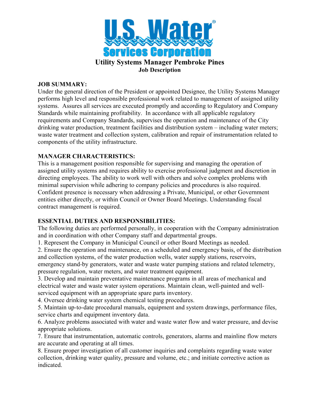 Utility Systems Manager Pembroke Pines
