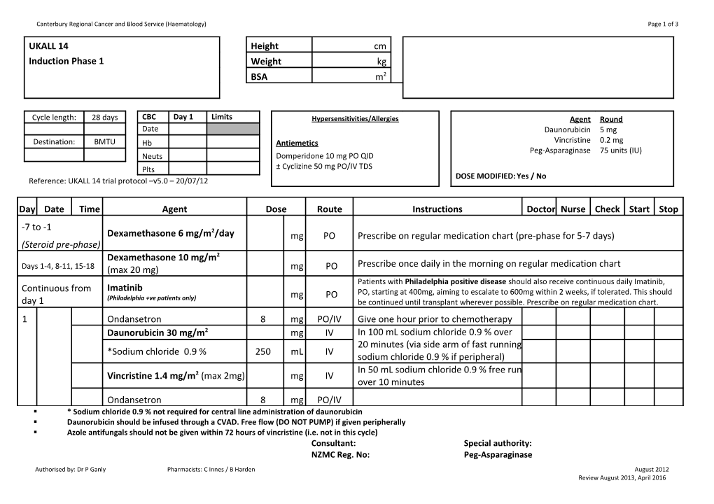 Chemotherapy Chart UKALL 14 Induction 1