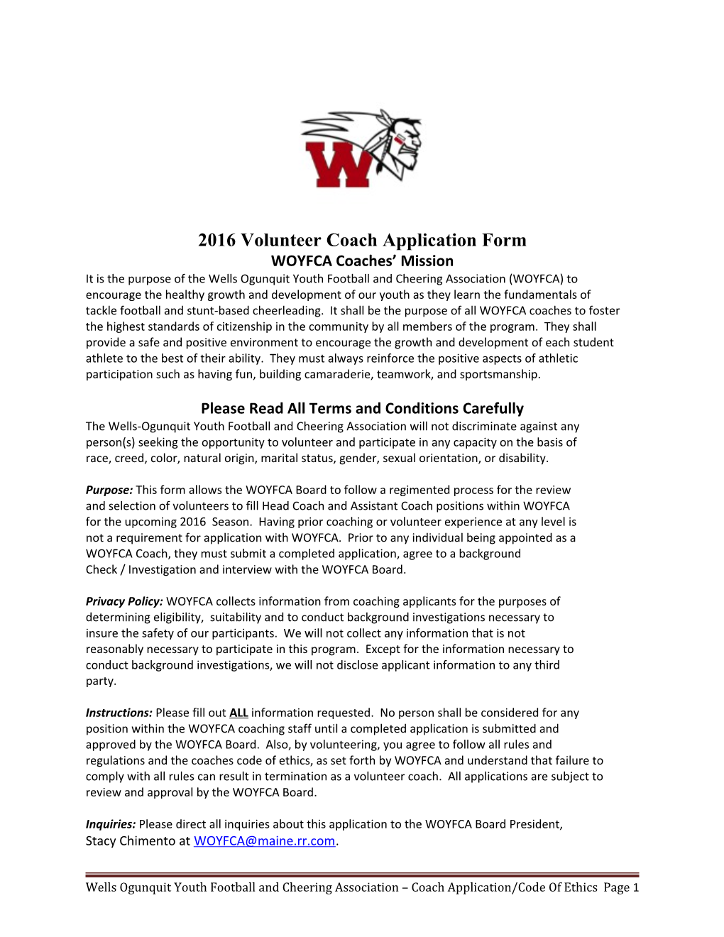 2016 Volunteer Coach Application Form