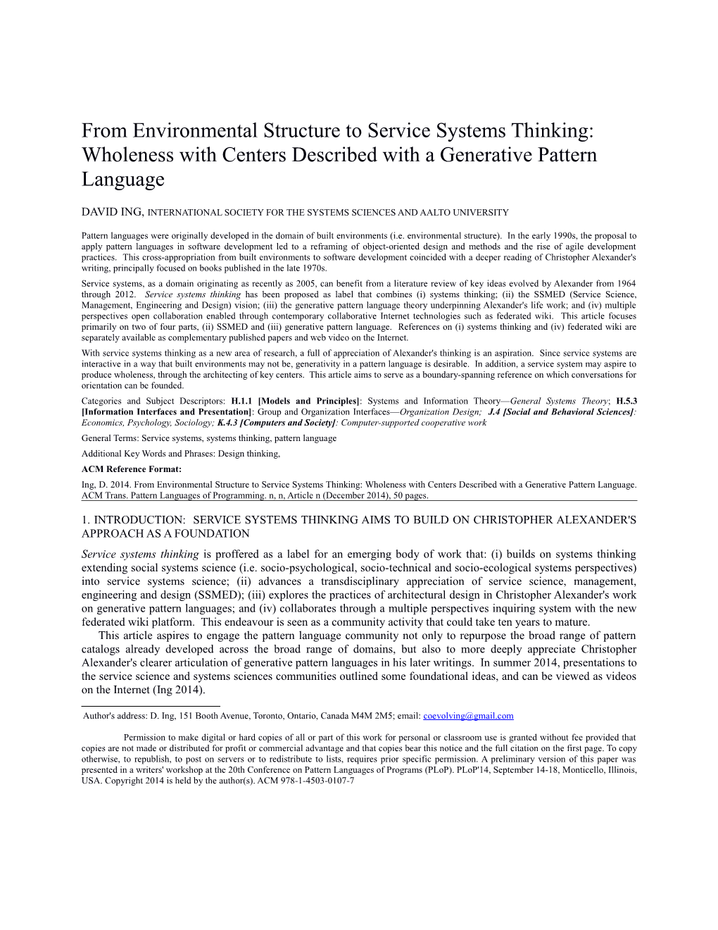 From Environmental Structure to Service Systems Thinking: Wholeness with Centers Described