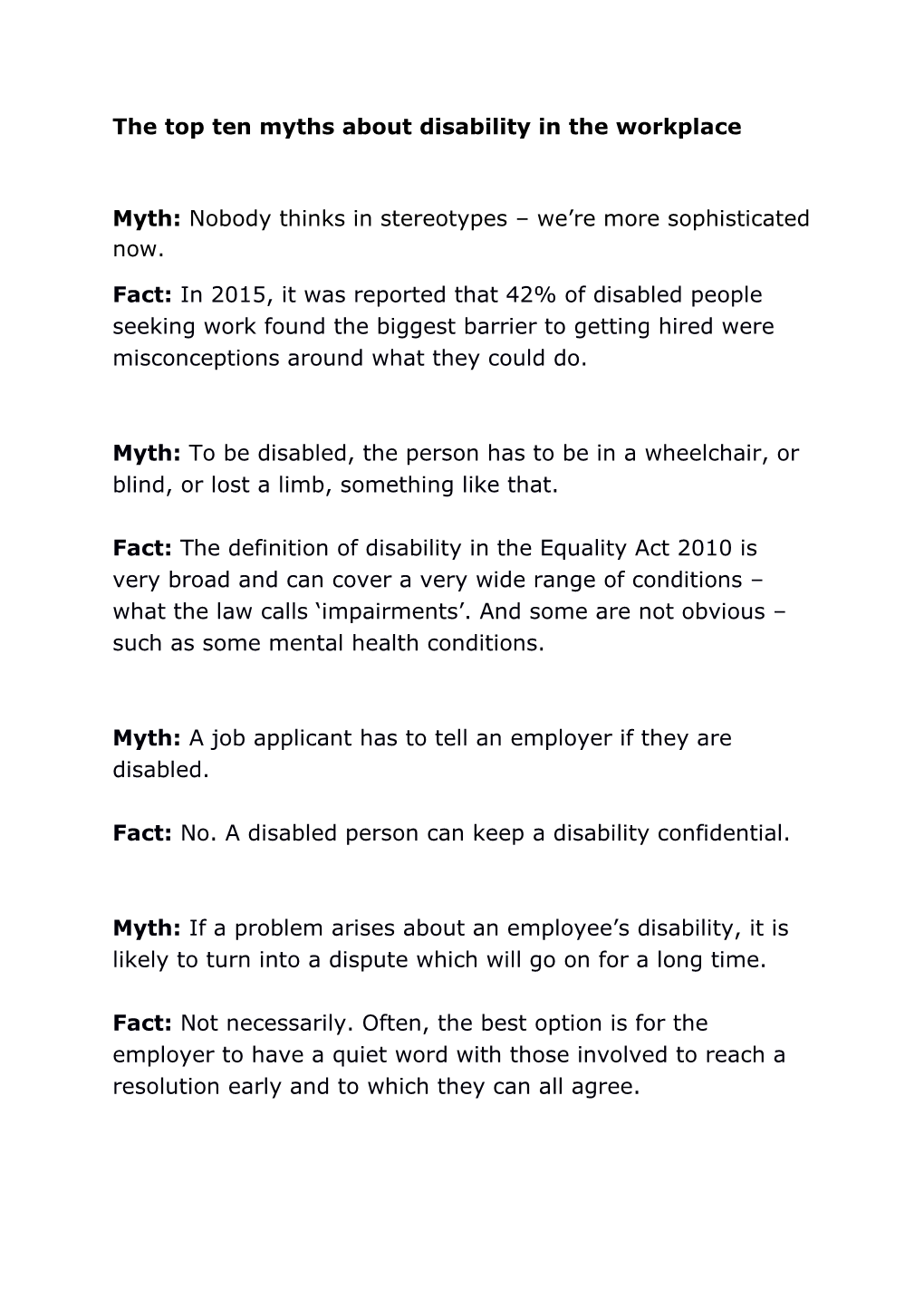 The Top Ten Myths About Disability in the Workplace