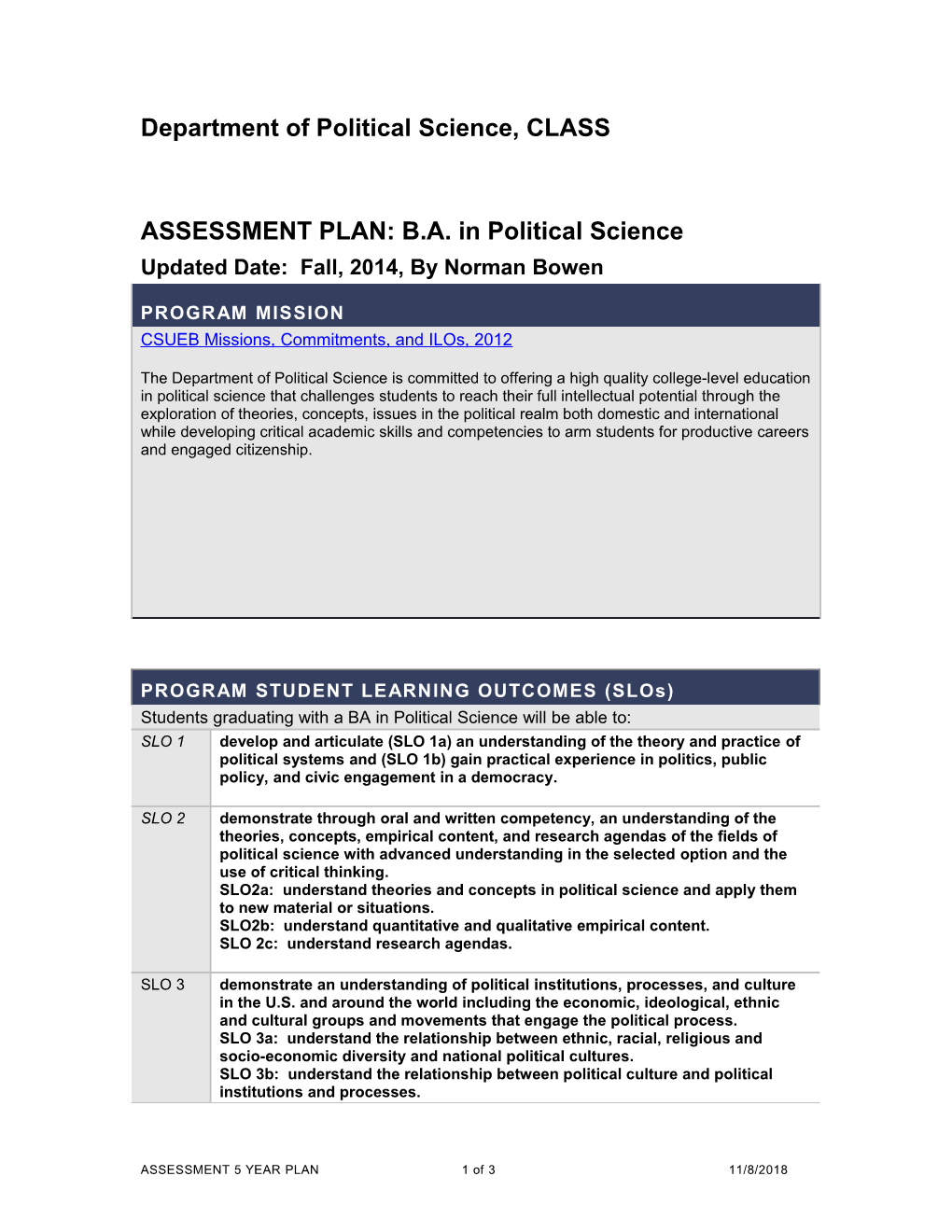 ASSESSMENT PLAN: B.A. in Political Science
