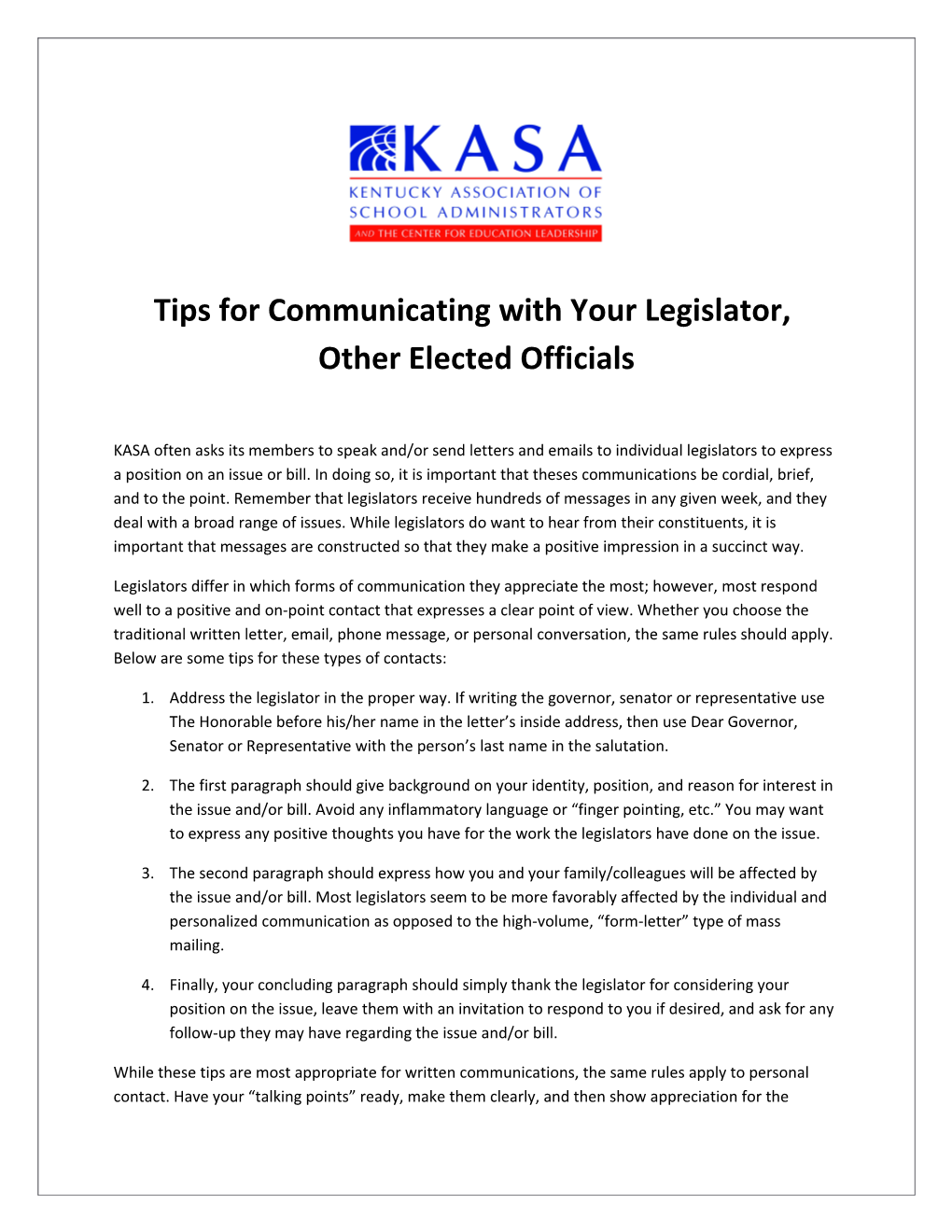 Tips for Communicating with Your Legislator, Other Elected Officials