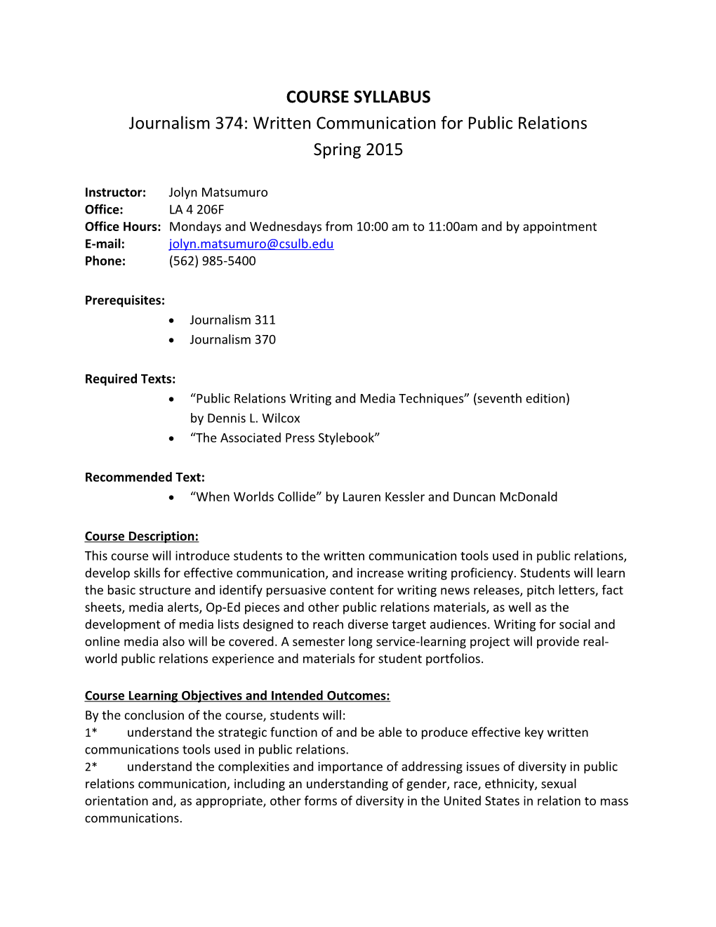 Journalism 374: Written Communication for Public Relations
