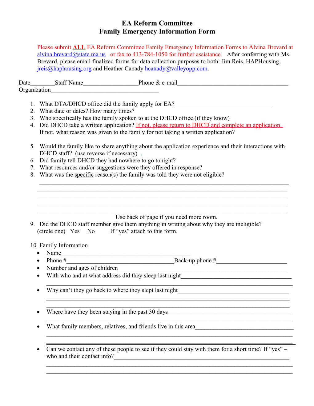 Family Emergency Information Form