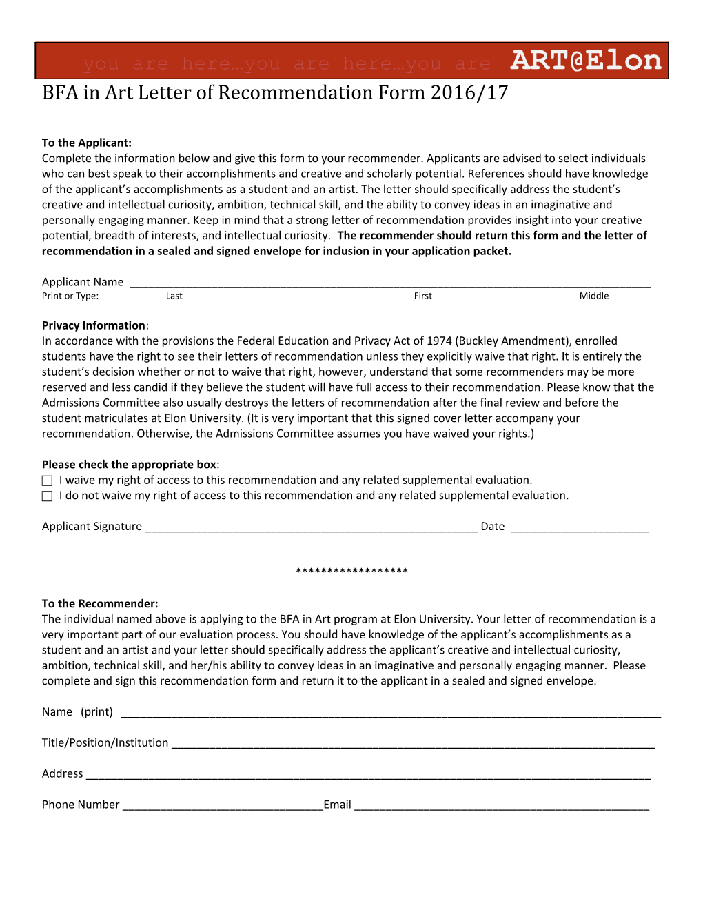 BFA in Art Letter of Recommendation Form2016/17