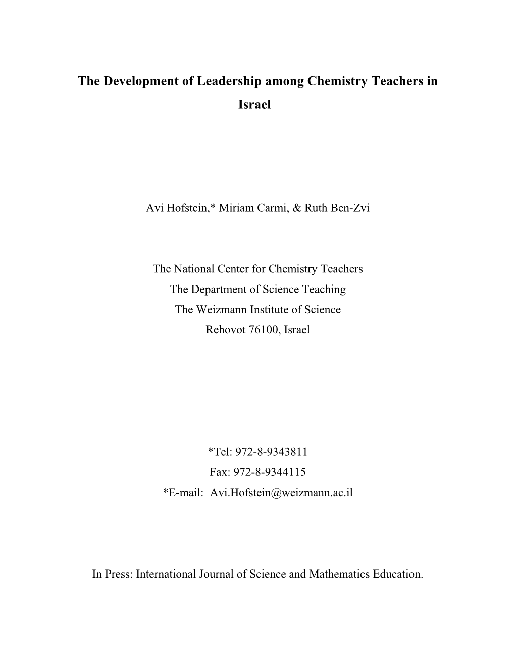 The Development of Leadership Among Chemistry Teachers in Israel