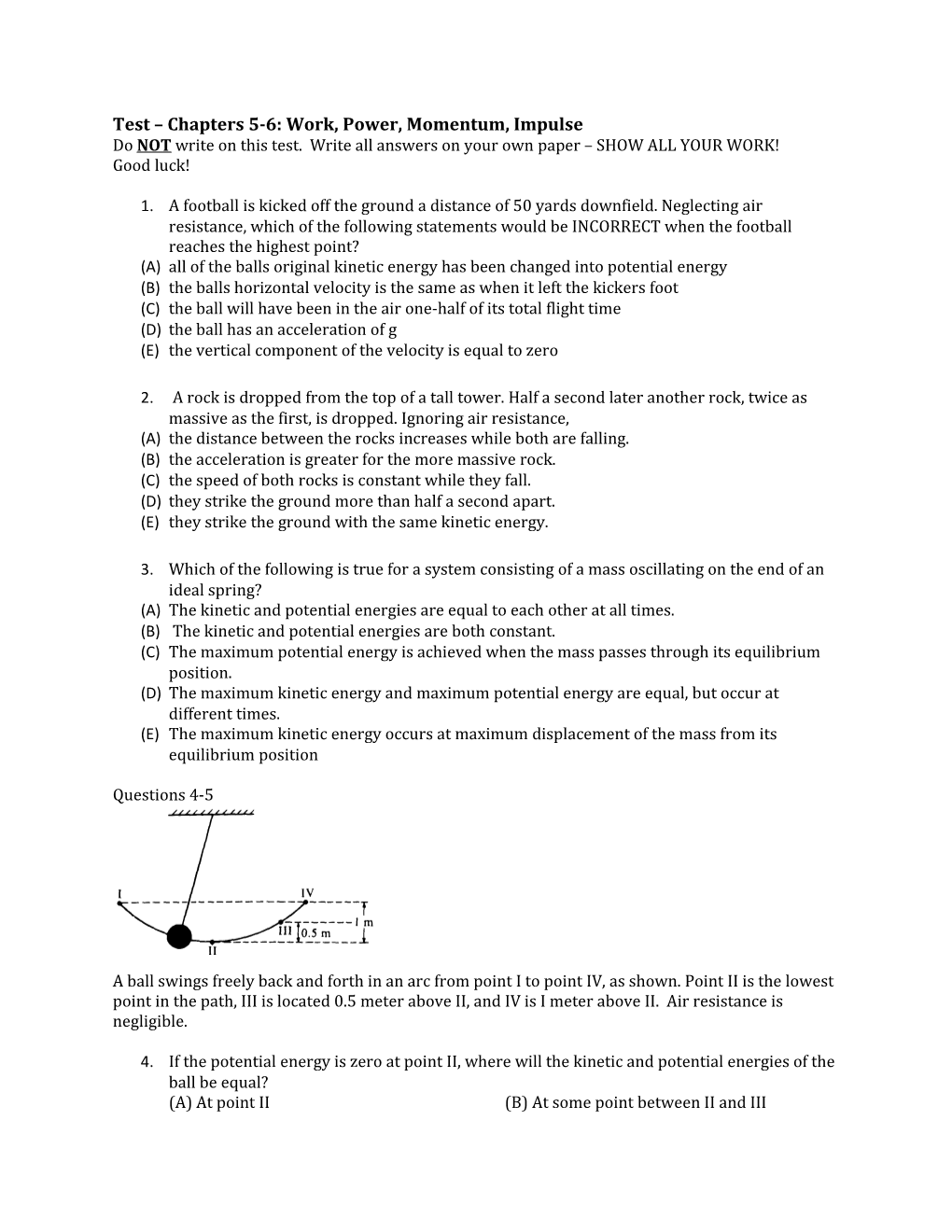 Test Chapters 5-6: Work, Power, Momentum, Impulse