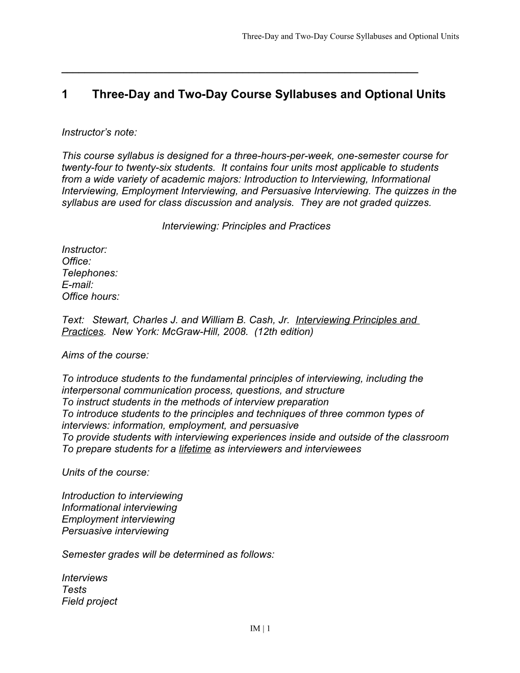 Three-Day and Two-Day Course Syllabuses and Optional Units