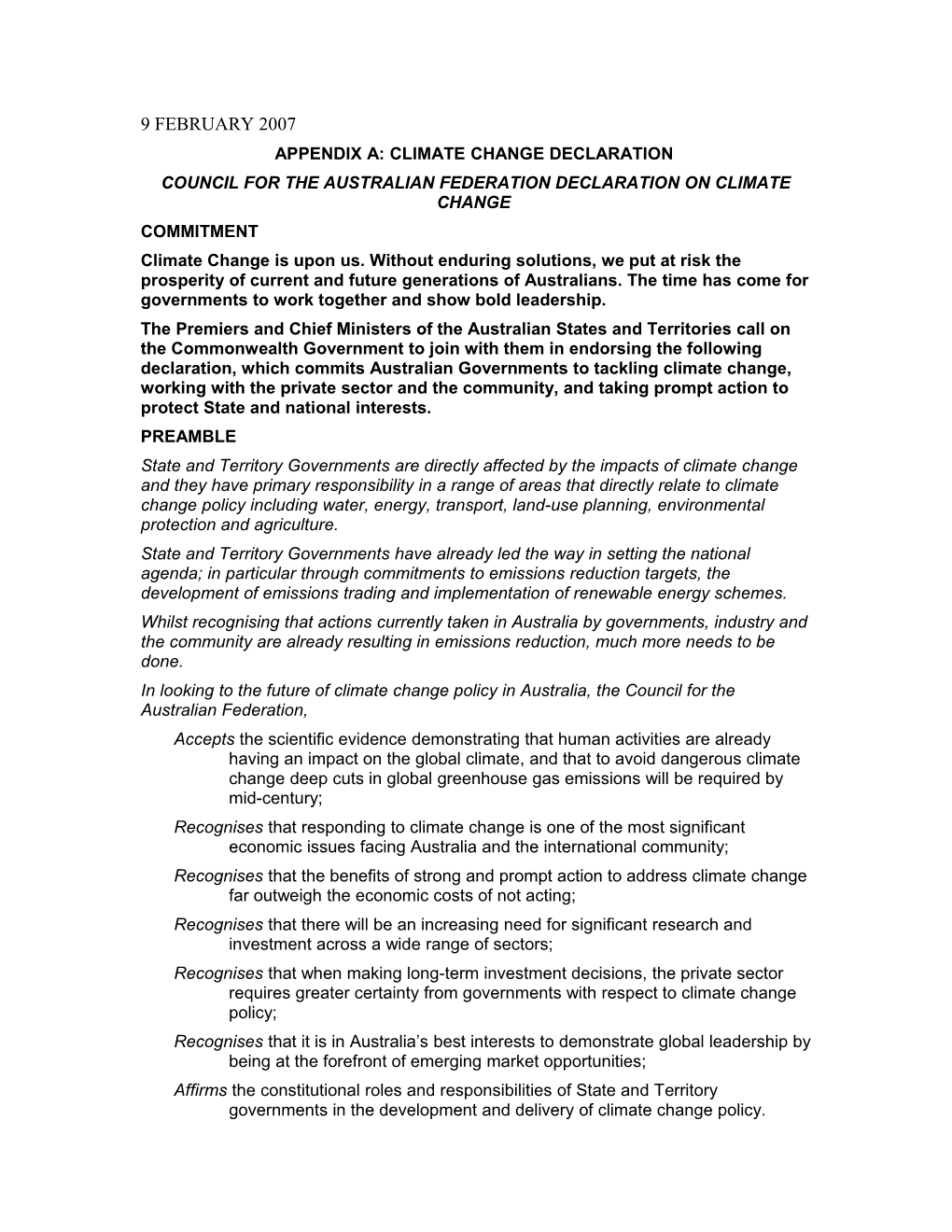 9 February 2007 12 Appendix A: Climate Change Declaration