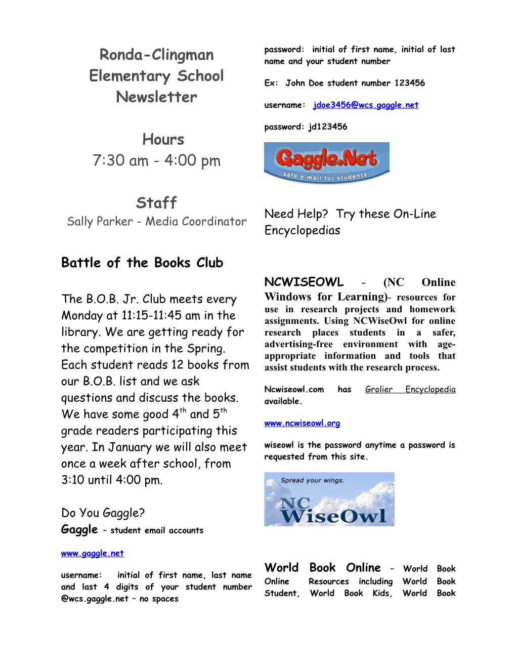Ronda-Clingman Elementary School Newsletter