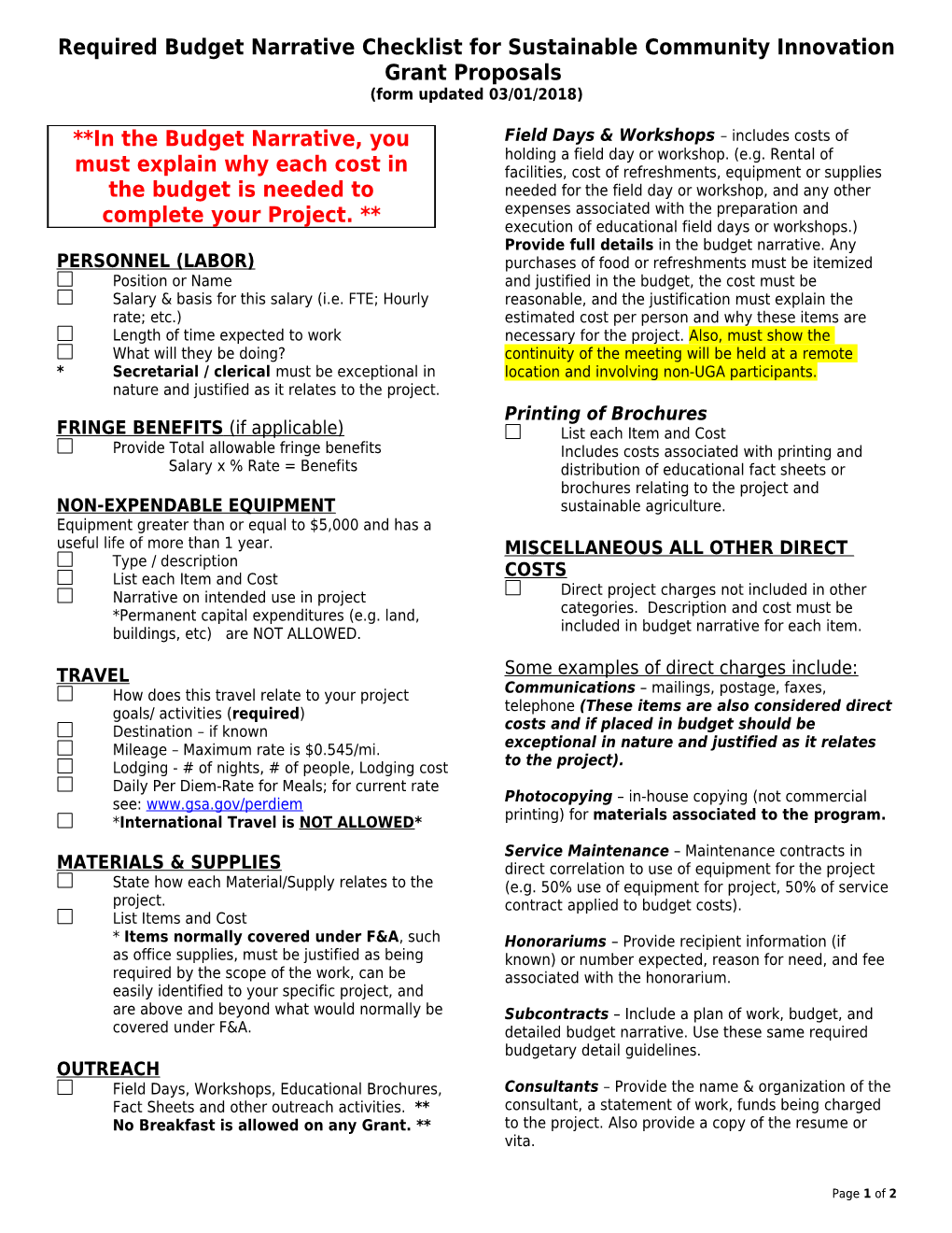 Required Budget Narrativechecklist for Sustainable Community Innovation Grant Proposals