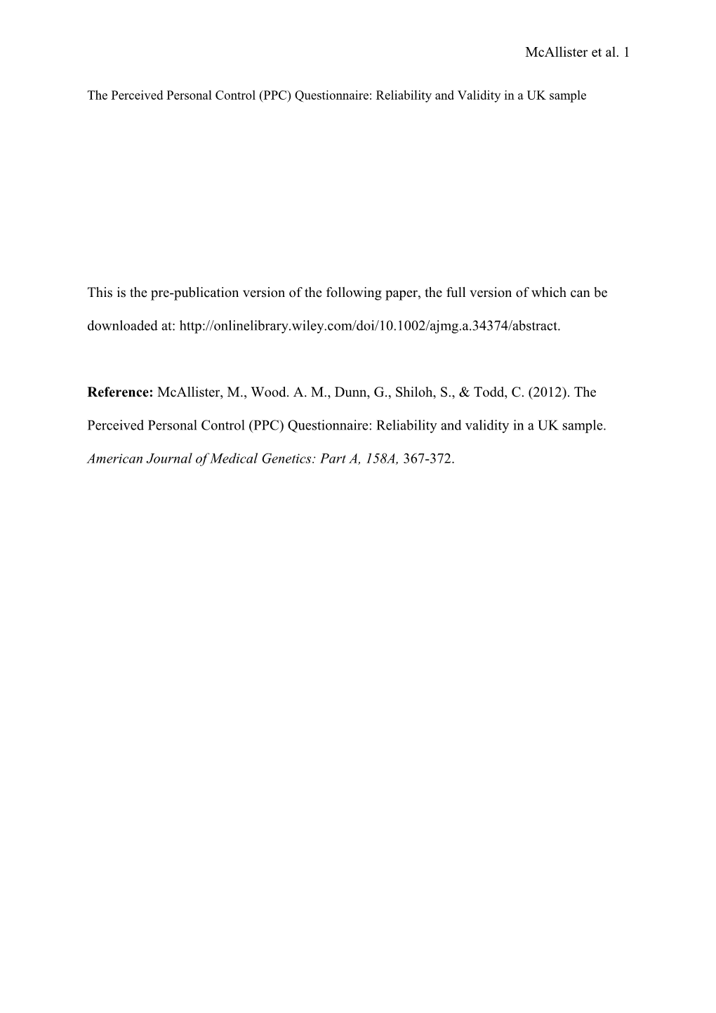 The Perceived Personal Control (PPC) Questionnaire: Reliability and Validity in a UK Sample