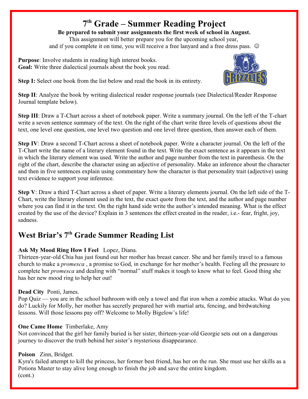7Th Grade Summer Reading Project