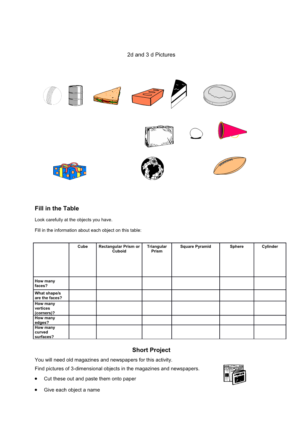 Fill in the Information About Each Object on This Table
