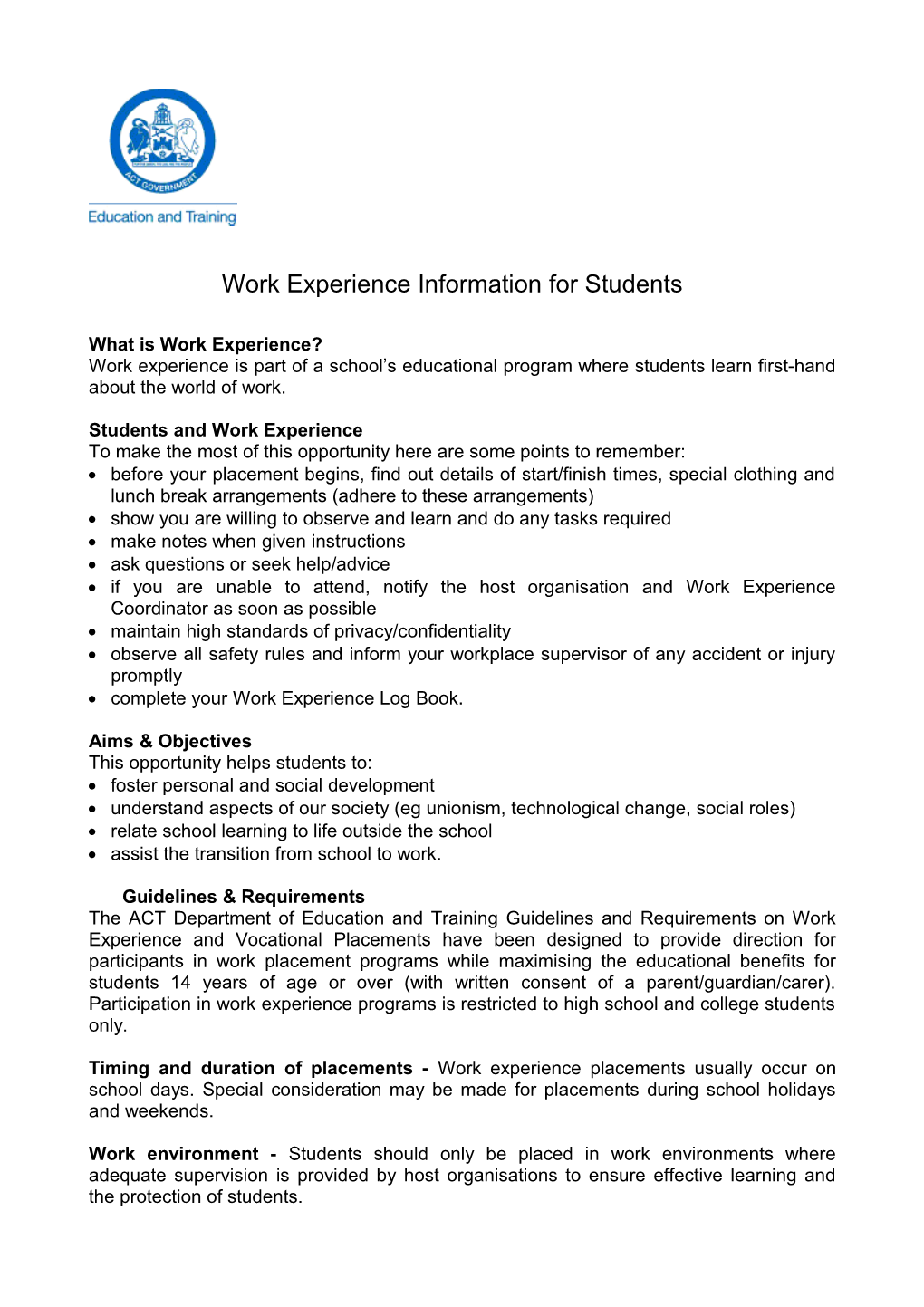 Work Experience Information for Students