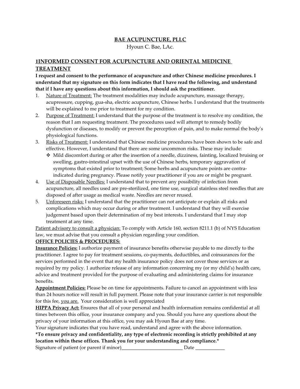 Informed Consent for Acupuncture and Oriental Medicine Treatment