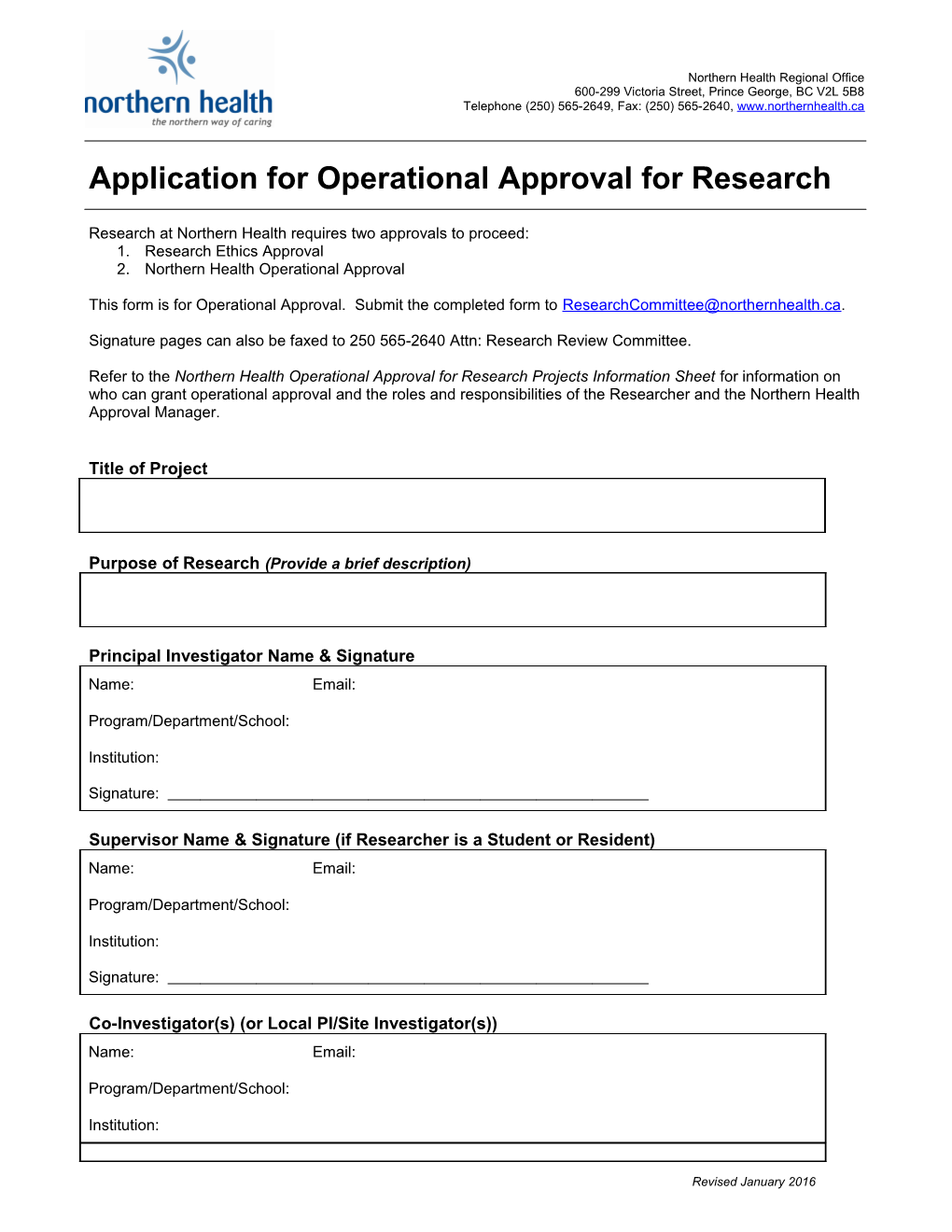 Northern Health Application for Operational Approval for Research